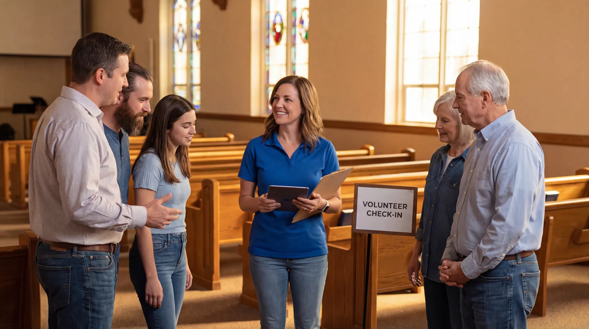 Church volunteer coordinator organizing a team of volunteers in a church sanctuary
