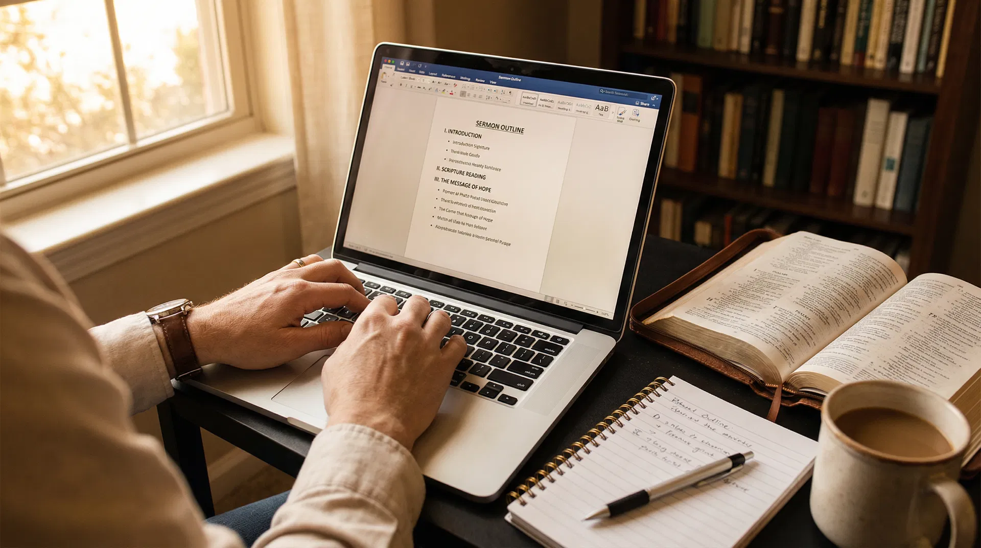 Pastor creating a sermon outline on laptop with open Bible