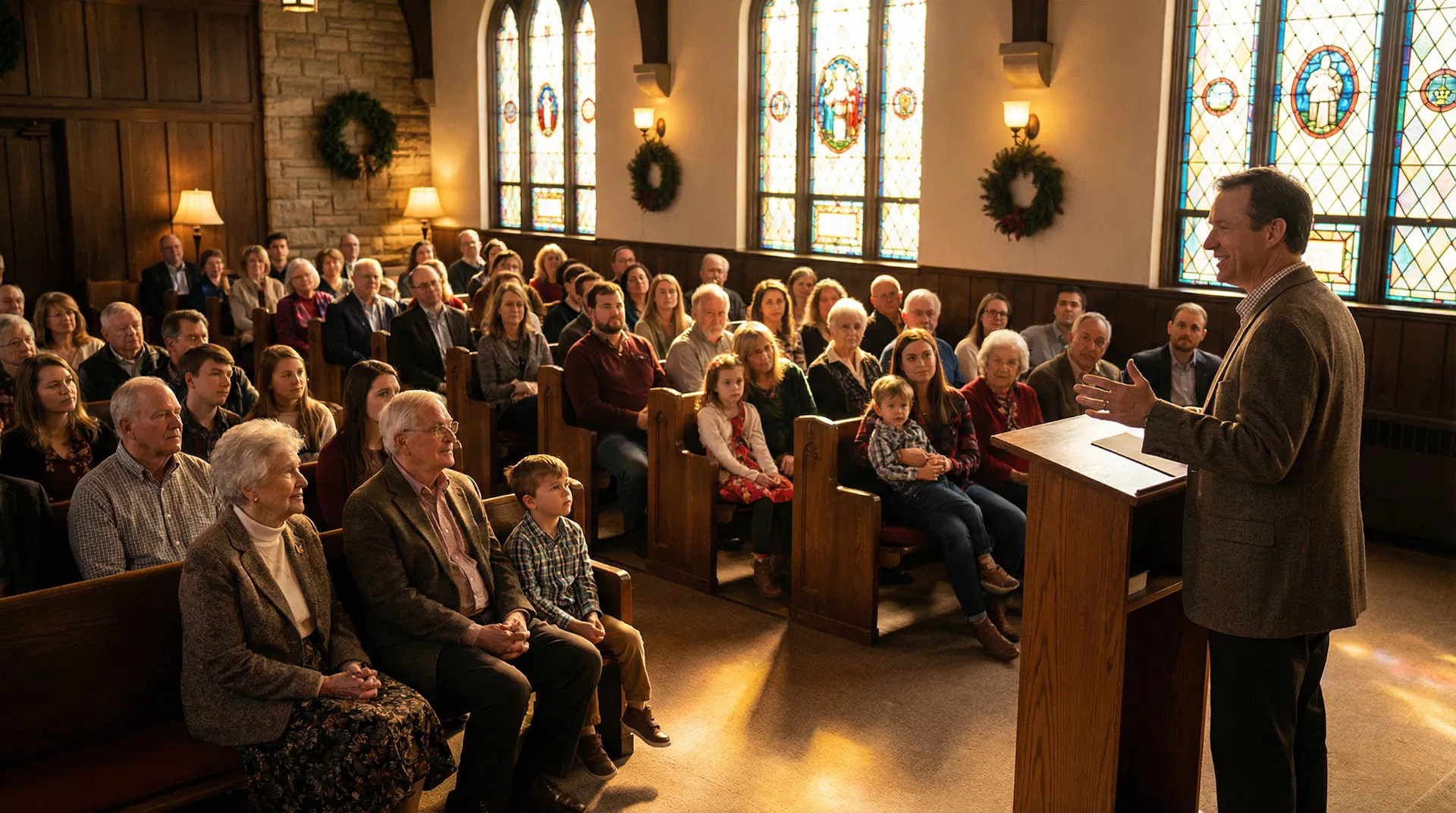 Small church congregation gathered in a warm, intimate sanctuary with stained glass windows