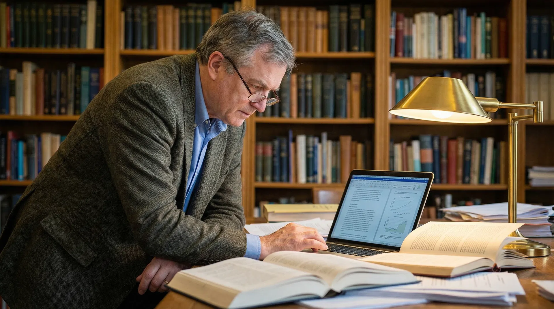 Pastor using AI tools for sermon research at a desk surrounded by theological books