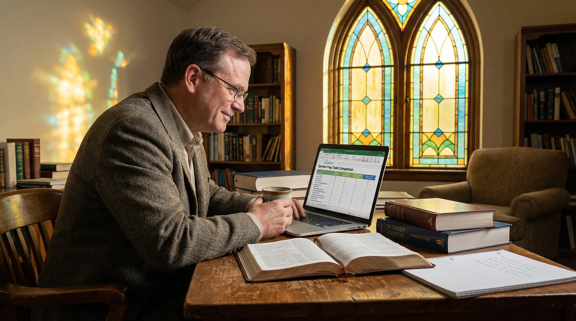 Pastor comparing sermon prep tools on laptop in church office