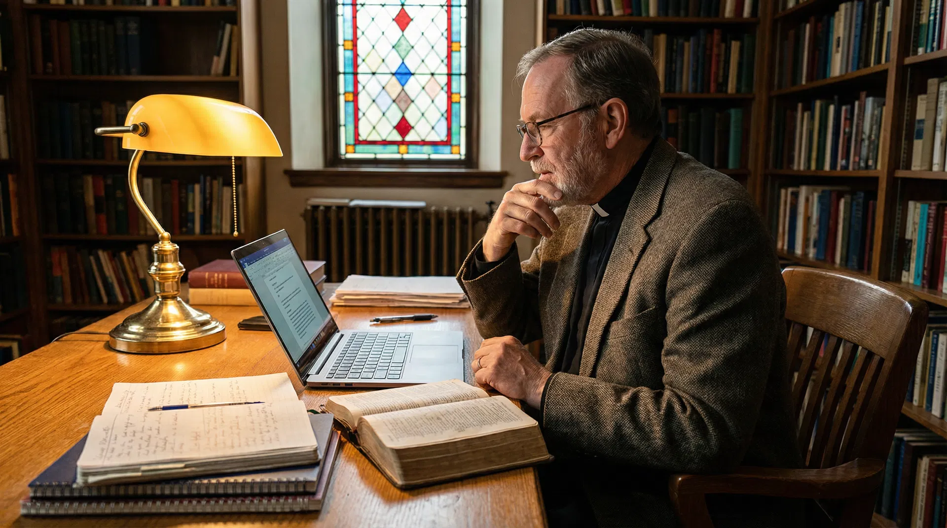 A thoughtful pastor studying at his desk with an open Bible, laptop, and handwritten notes in a warm book-lined study with stained glass window