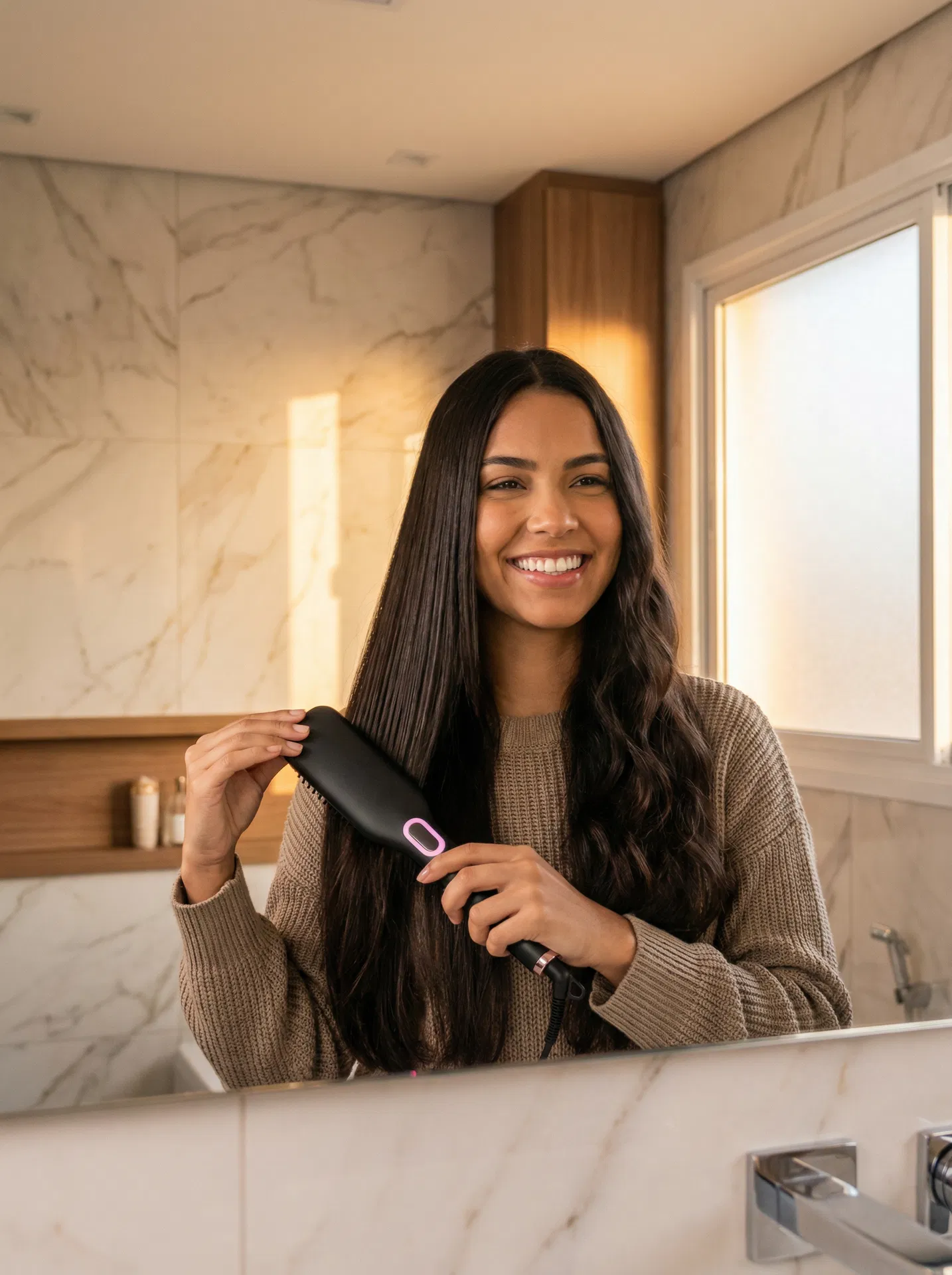 Mulher usando a Escova Alisadora 3 em 1