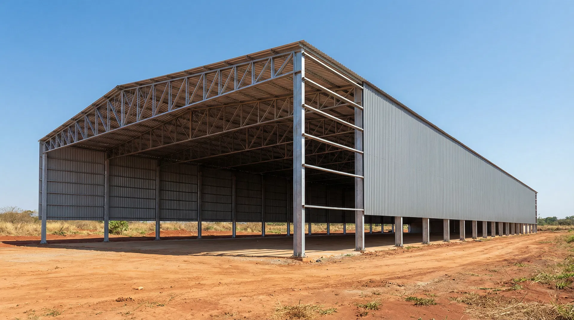 Construção de galpão metálico sendo montado