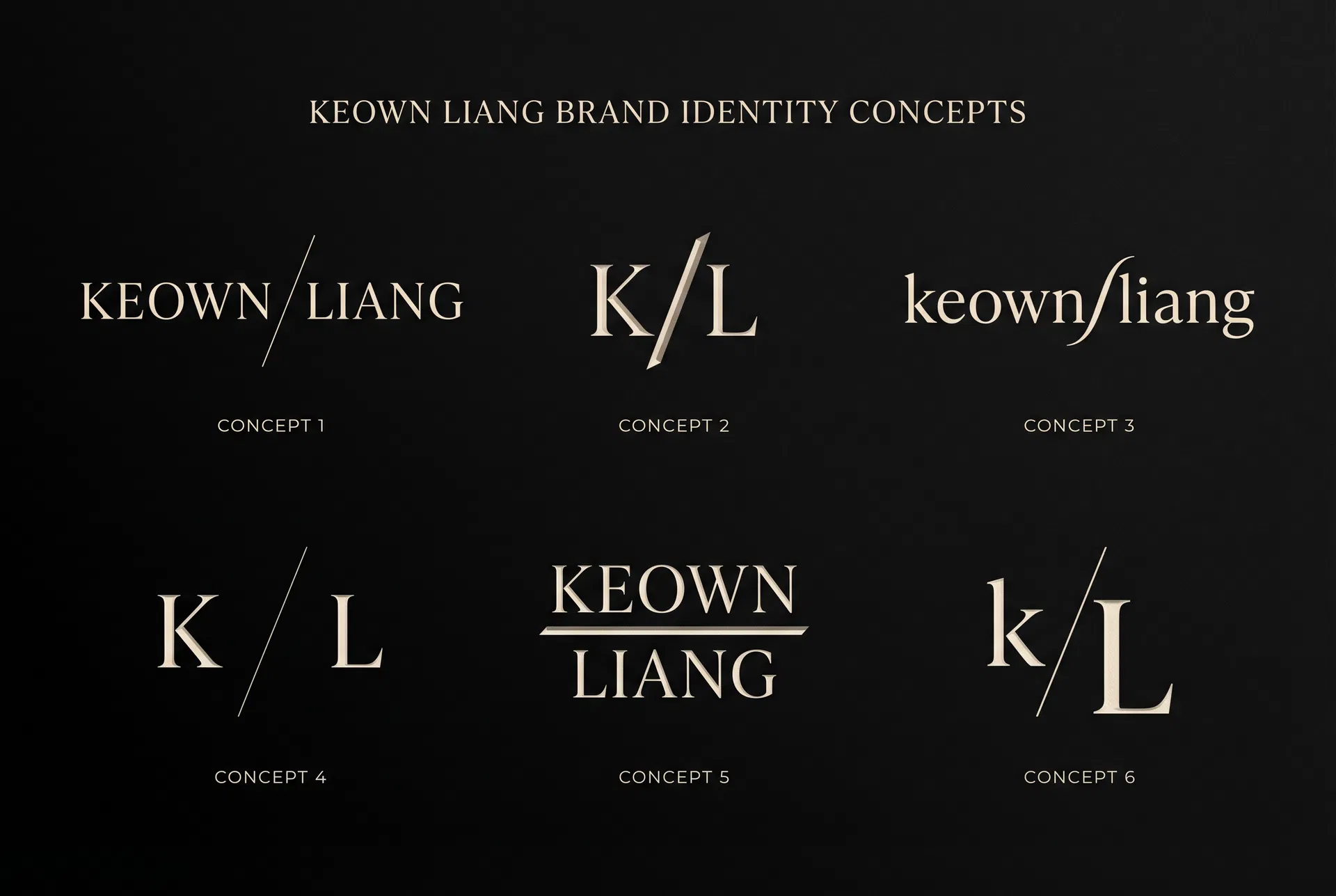 Wordmark concepts: KEOWN/LIANG with slash device, K/L monogram, keown/liang lowercase, stacked, and mixed case k/L