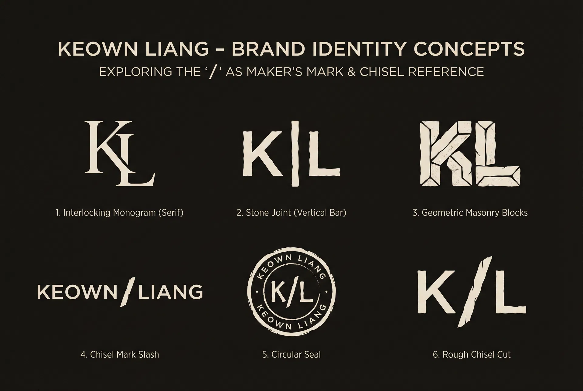 Maker's mark concepts: interlocking KL monogram, stone joint, geometric masonry blocks, chisel mark slash, circular seal, rough chisel cut