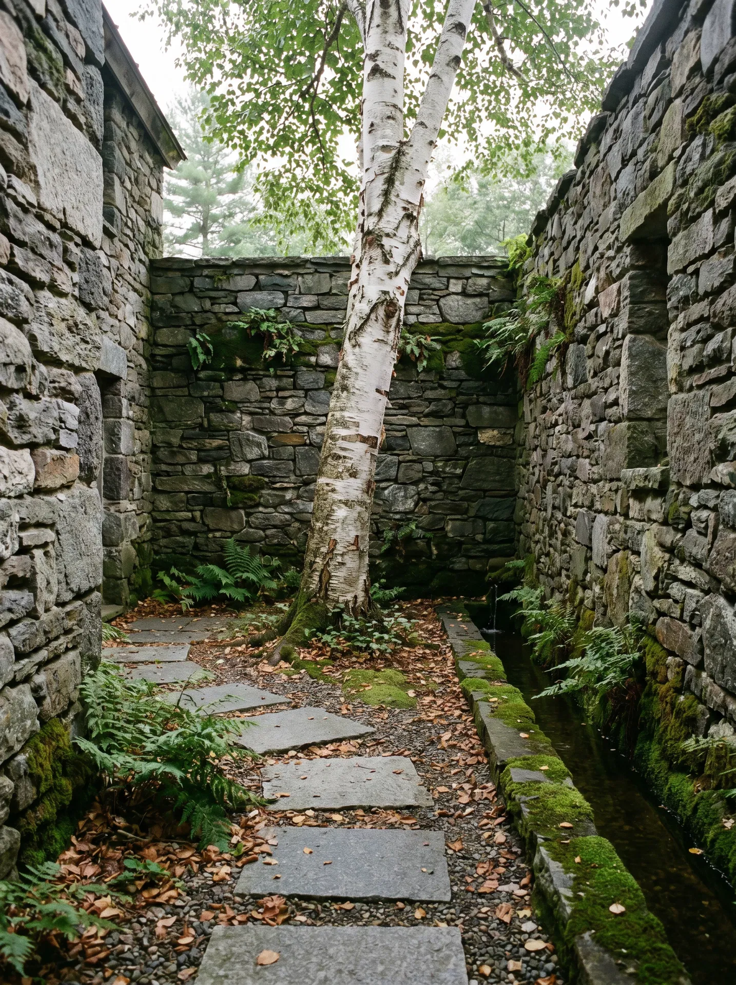 Stone courtyard garden with birch tree, ferns, and granite stepping stones
