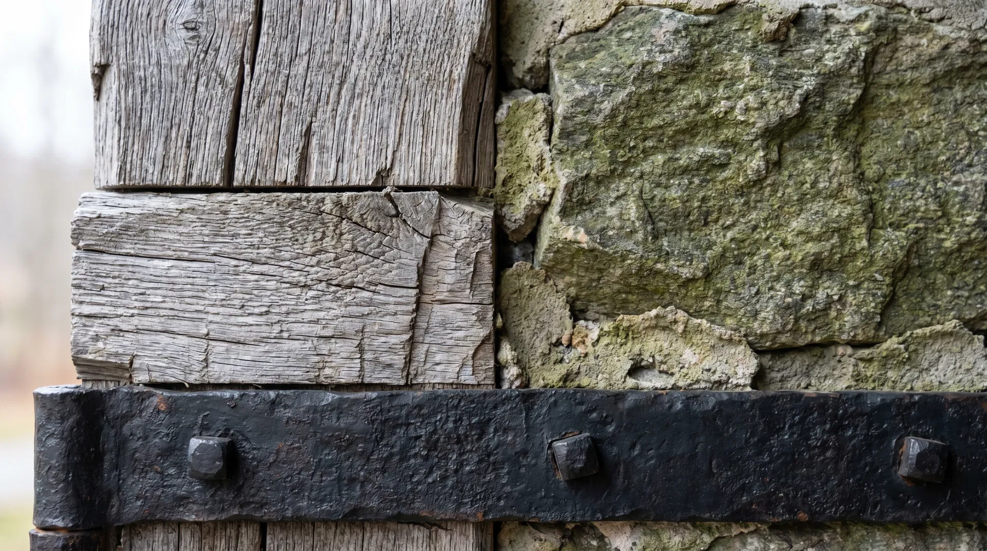 Weathered oak timber meeting lichen-covered fieldstone and blackened iron hardware