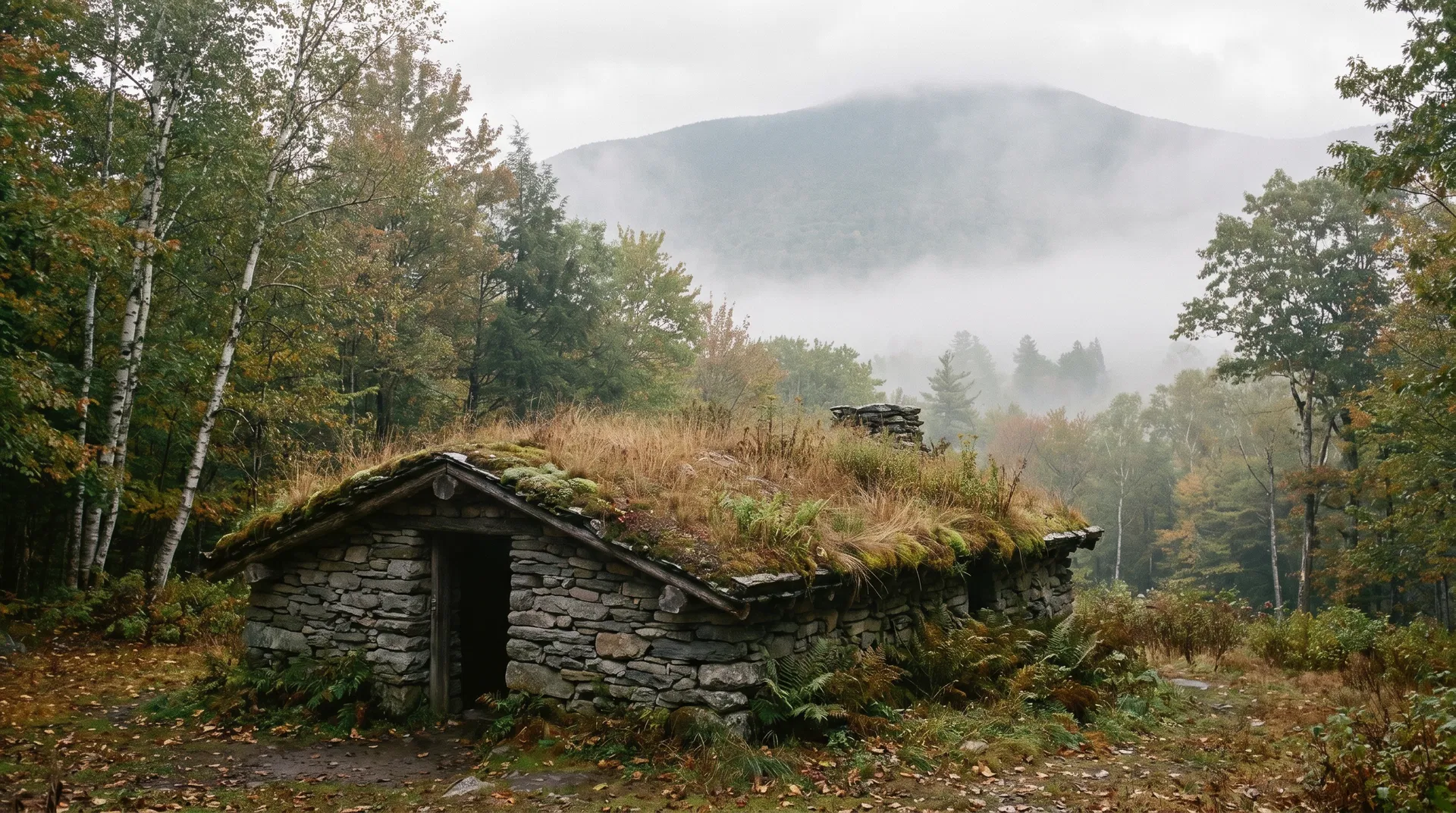 Fieldstone building with living roof emerging from wooded Berkshire hillside