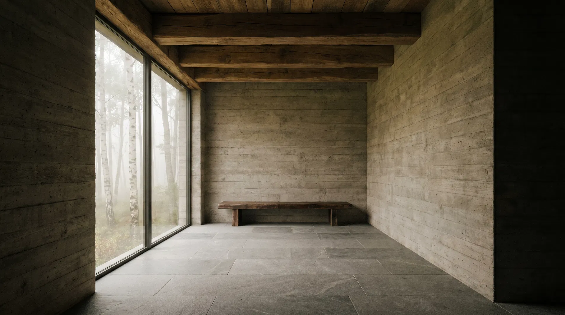 Contemplative interior with board-formed concrete, reclaimed oak beams, and misty birch forest beyond