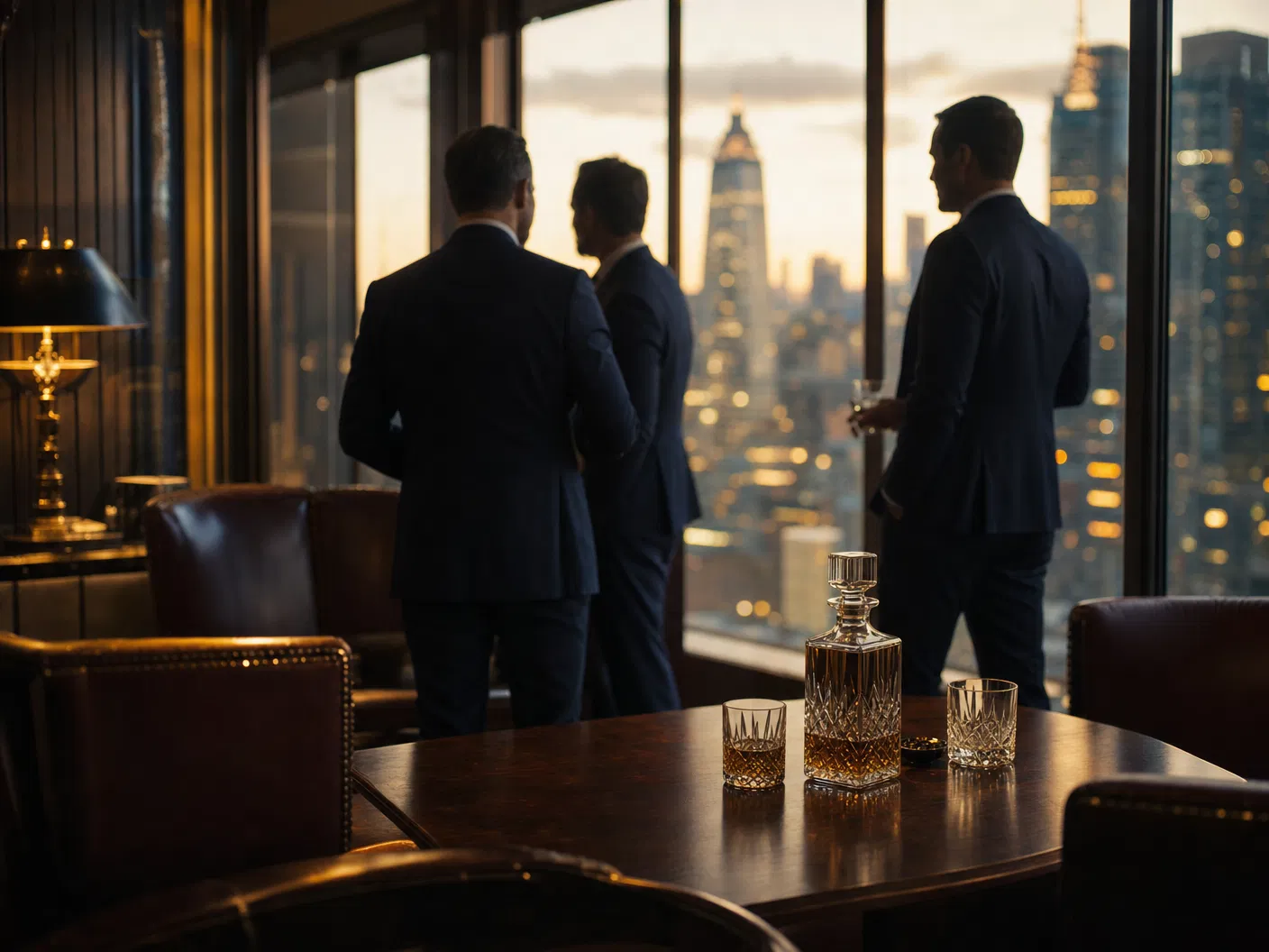 Empresários reunidos em ambiente executivo ao entardecer