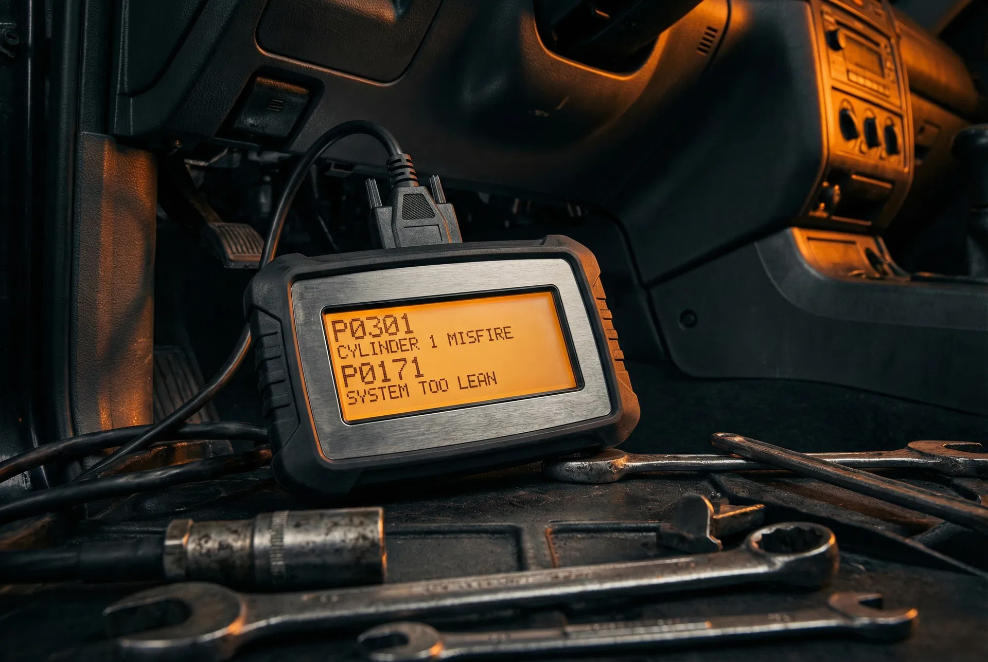 OBD diagnostic scanner showing engine fault codes