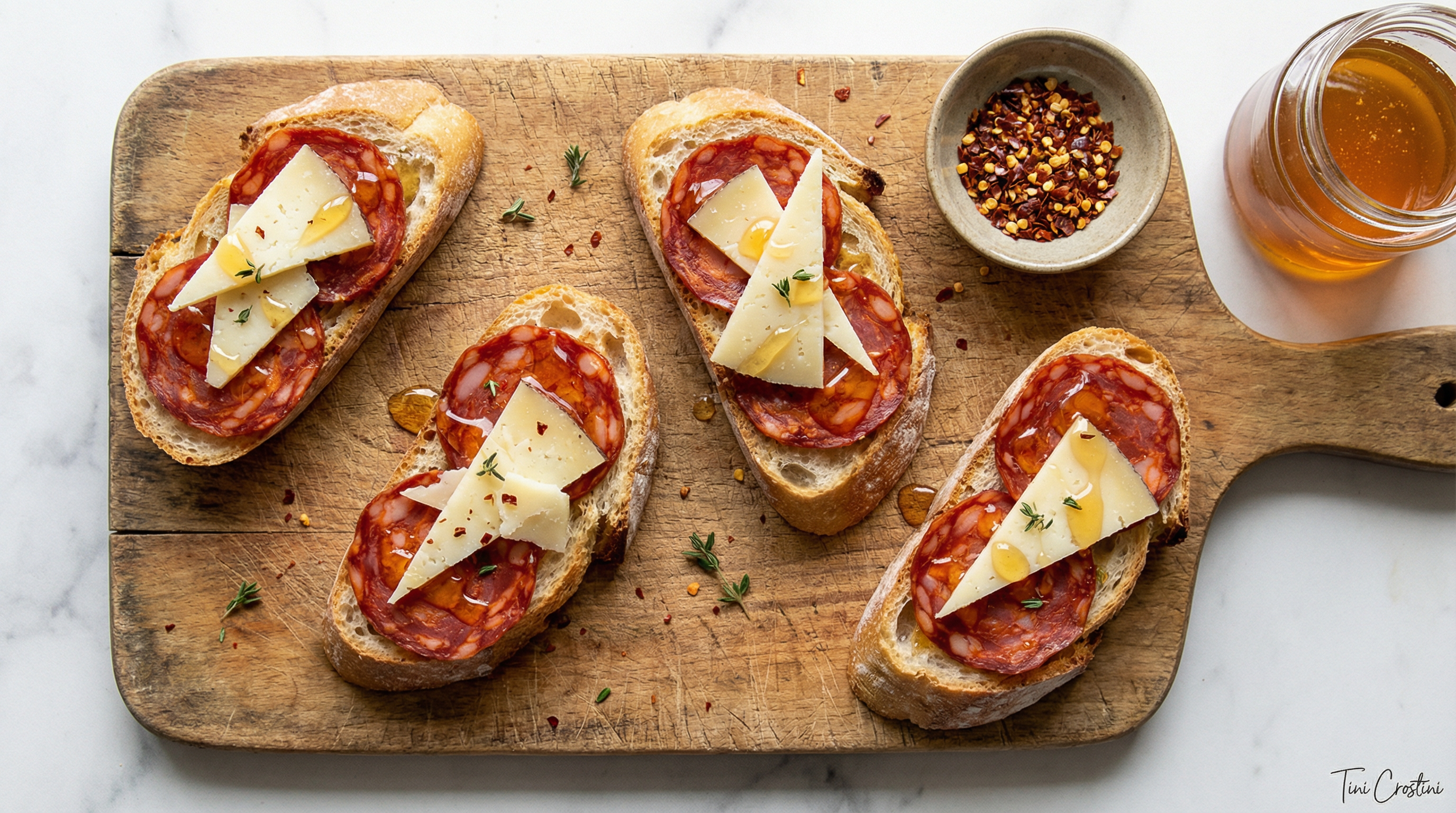 Smoky Chorizo & Honey-Drizzled Manchego Crostini