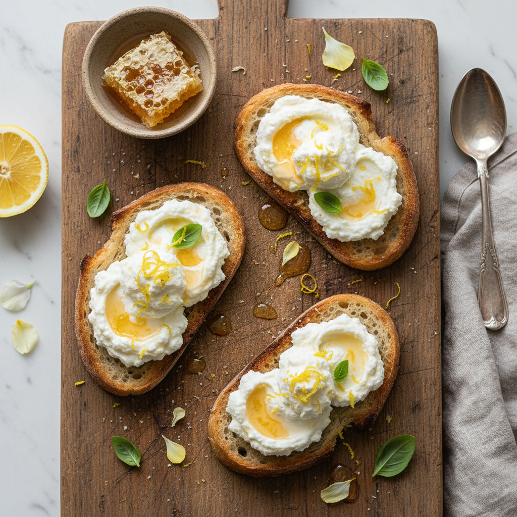 Bright Lemon Ricotta and Honey Crostini