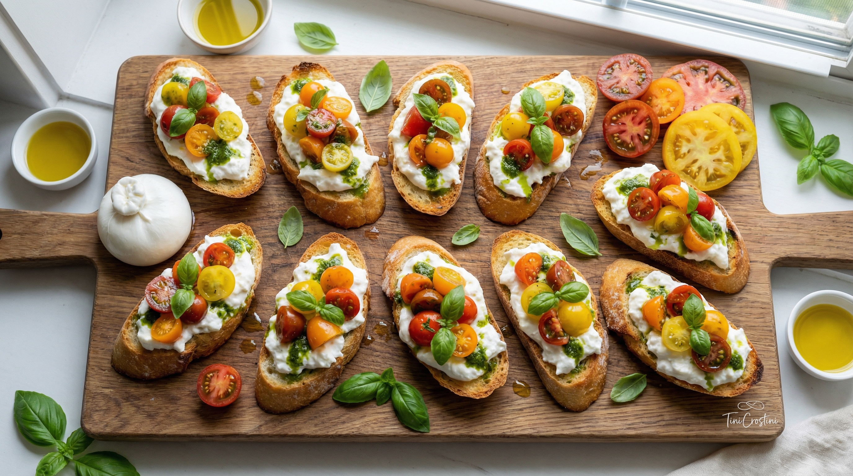 Heirloom Tomato and Burrata Pizza Crostini