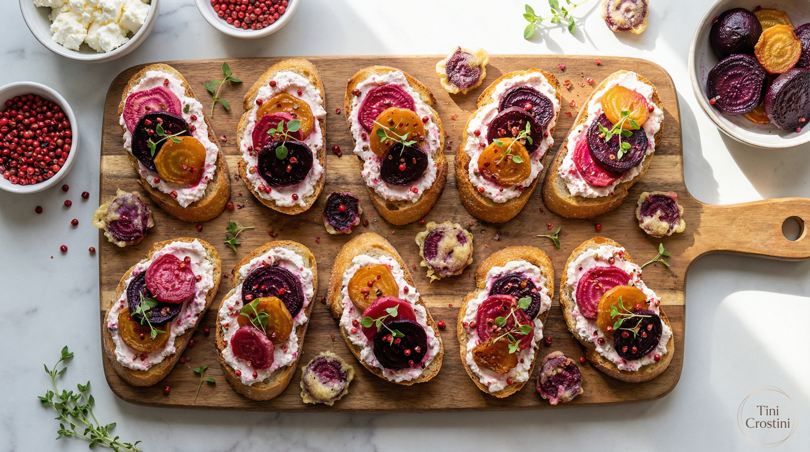 Pink Peppercorn Whipped Feta Crostini