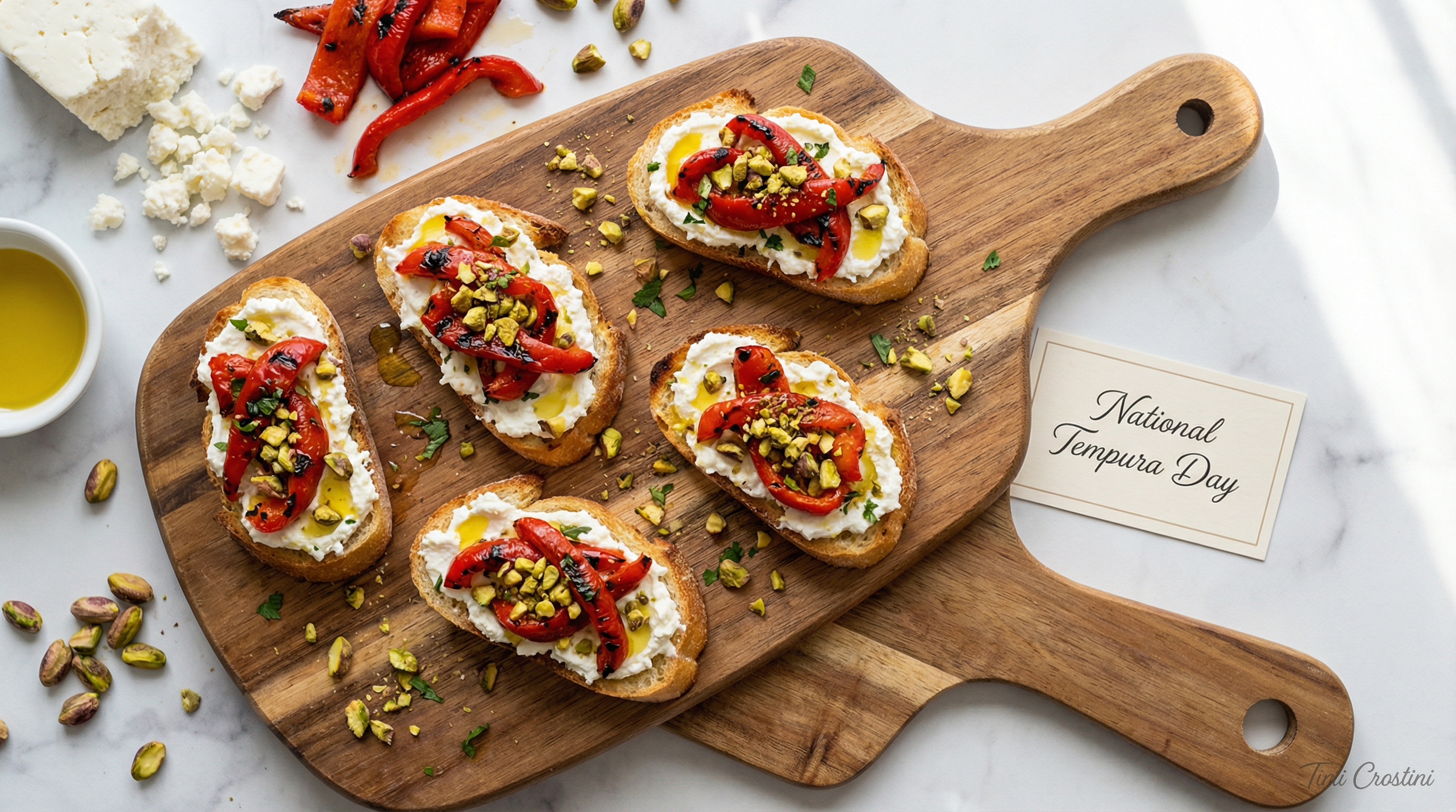 Whipped Feta Red Pepper Pistachio Crostini