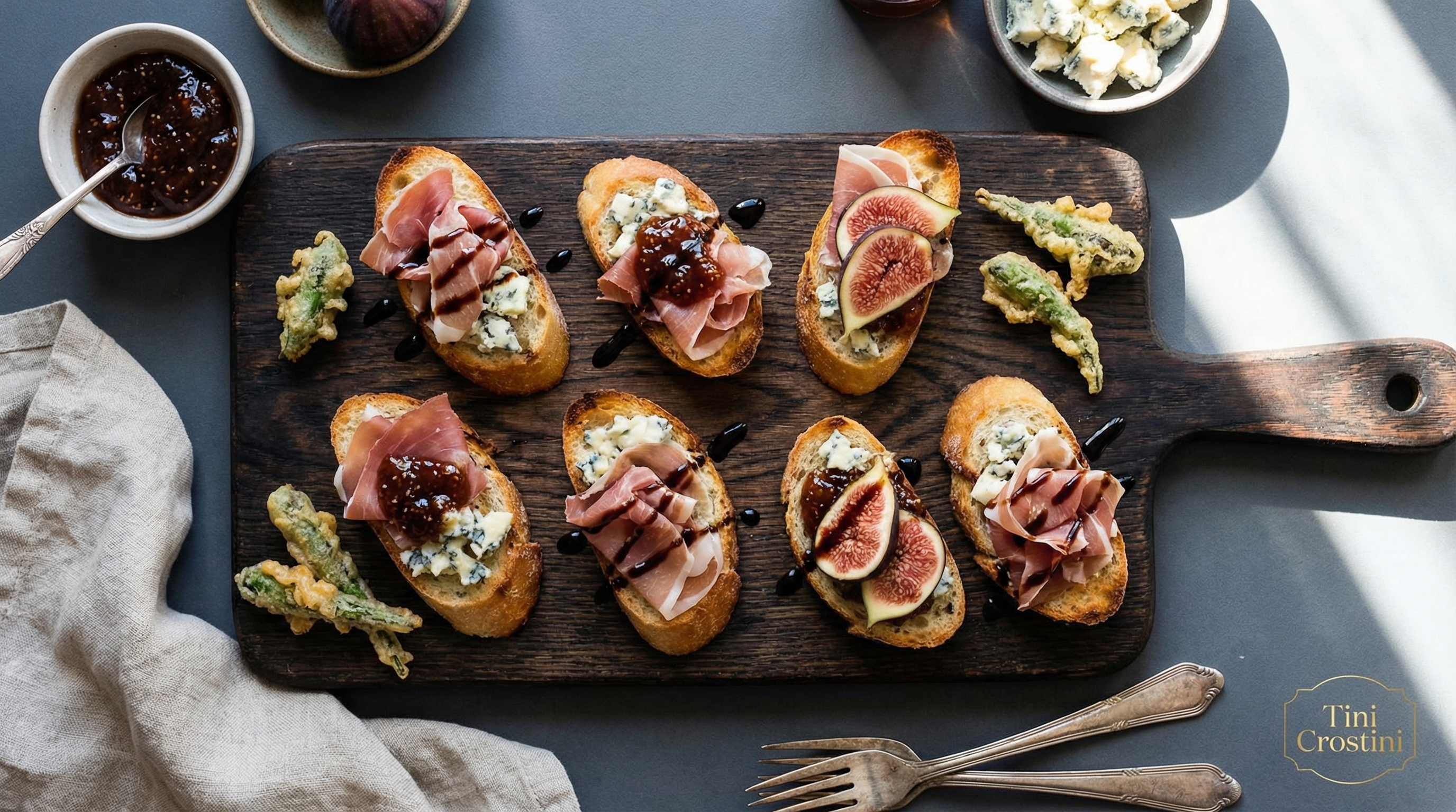 Fig, Prosciutto, and Gorgonzola Wine Day Crostini