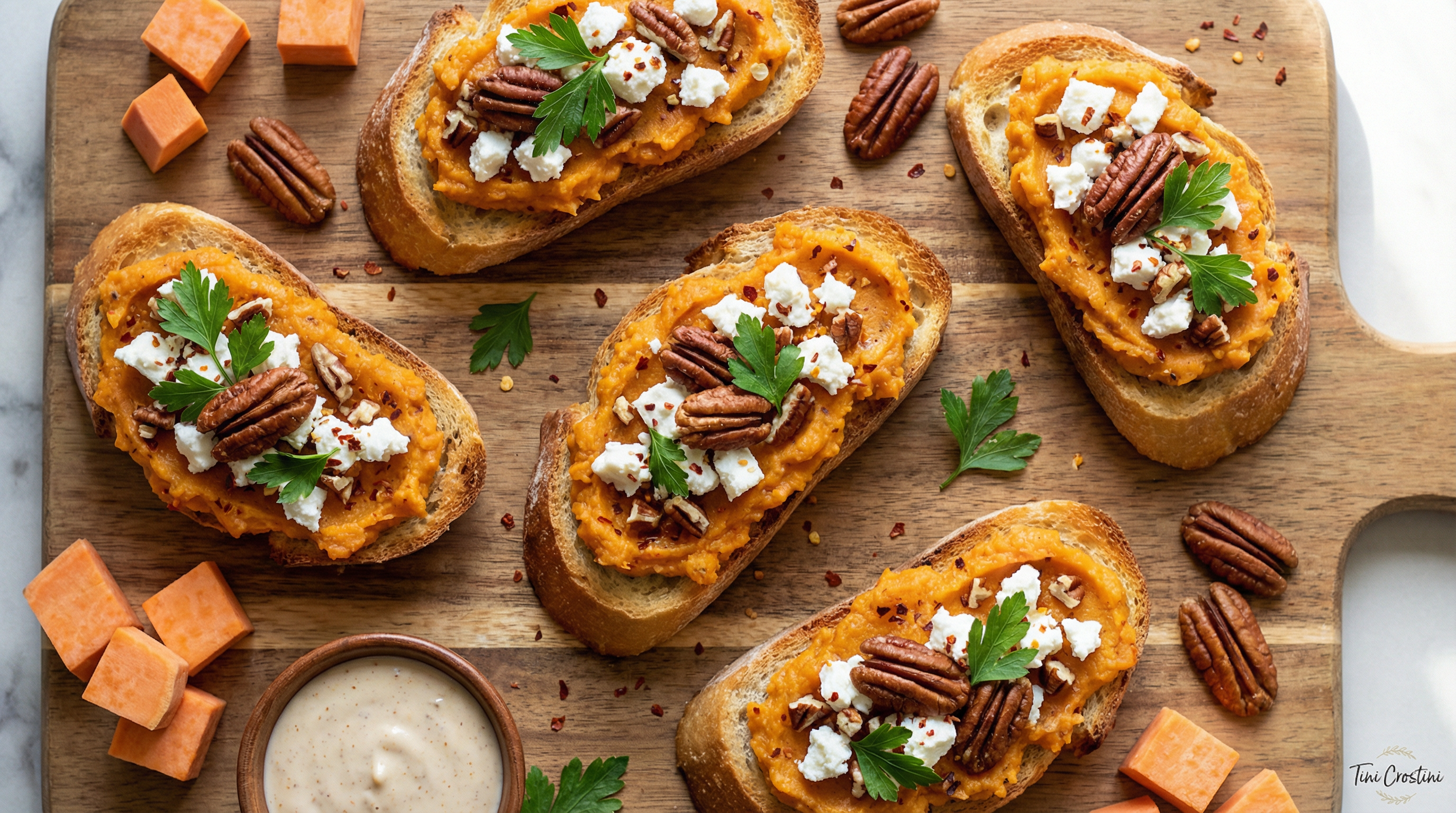 Spiced Sweet Potato and Pecan Crostini