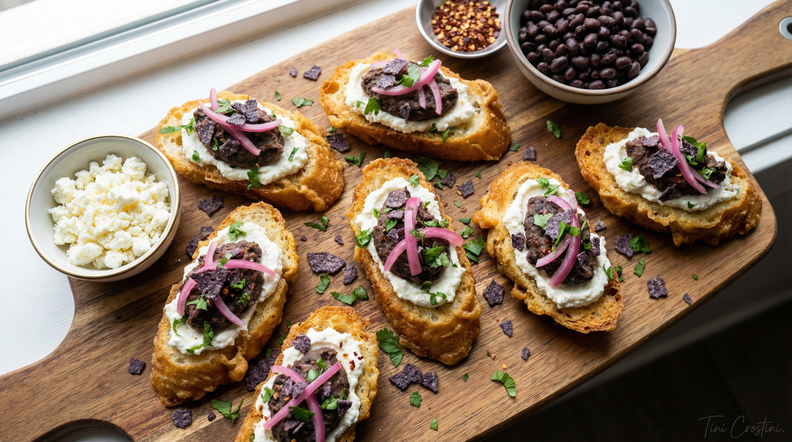 Spicy Whipped Feta and Black Bean Crostini