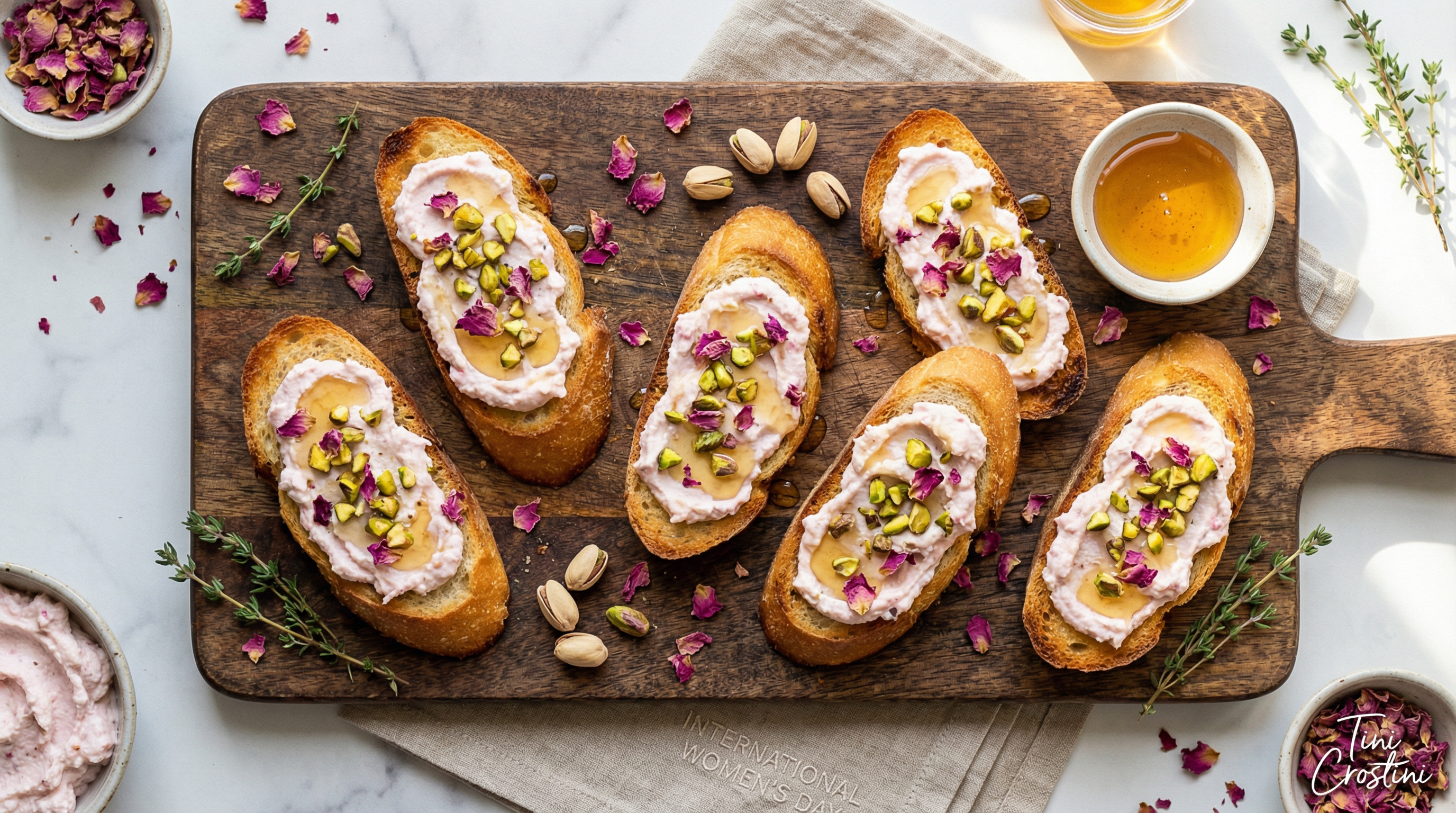 Rosewater Ricotta and Pistachio Crostini