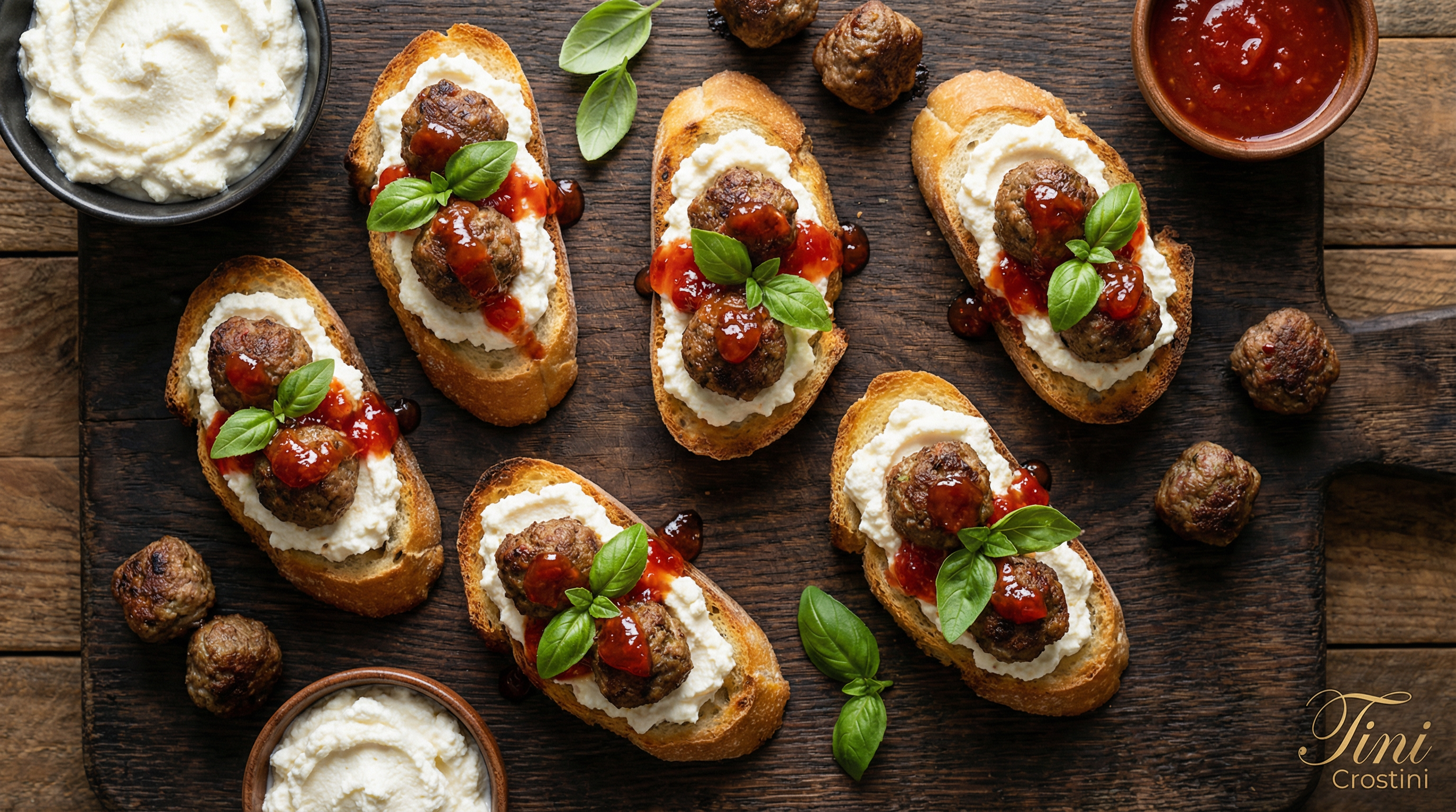 Spiced Lamb Meatball and Whipped Ricotta Crostini