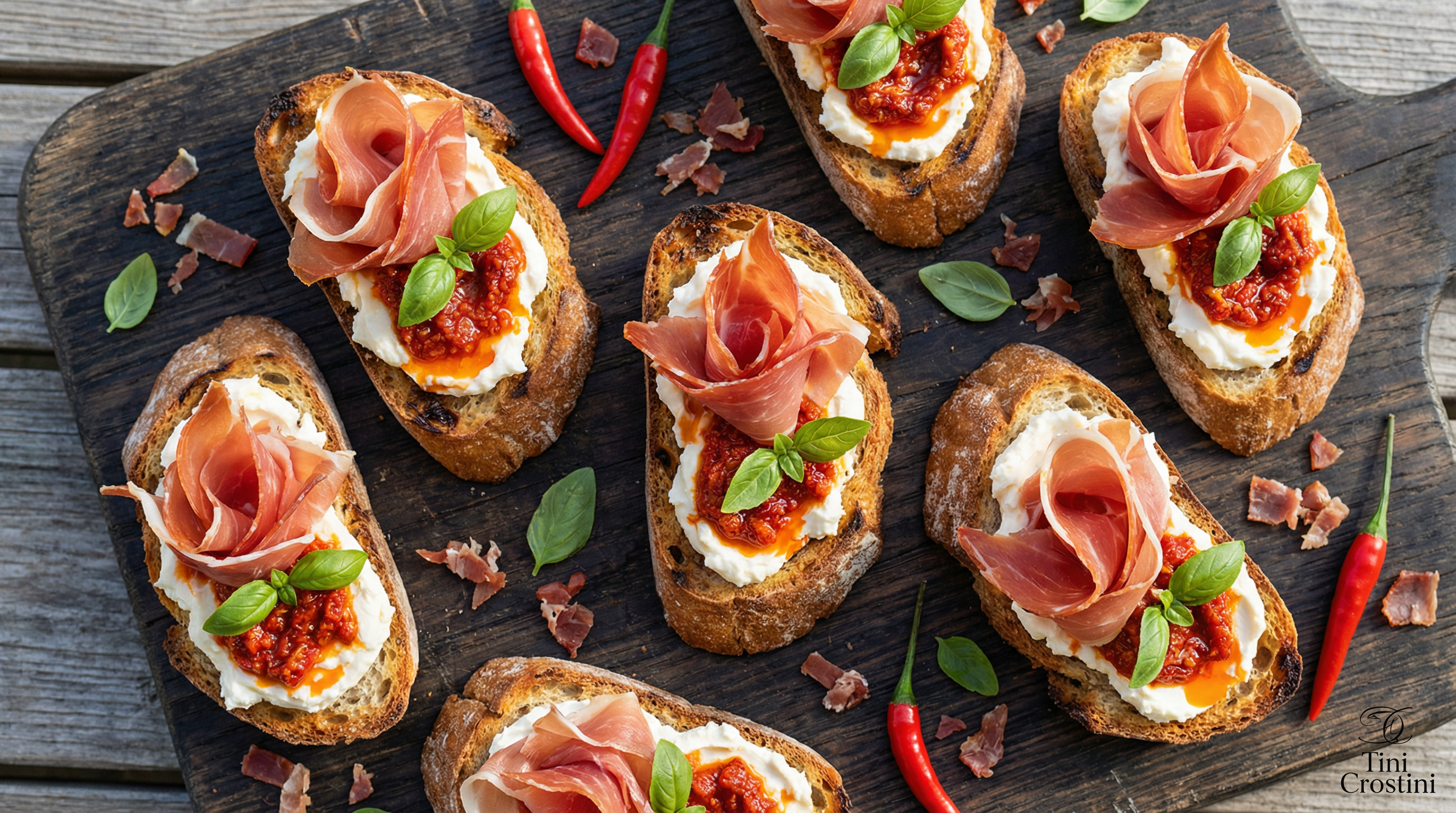 Fire Flower Spicy Prosciutto Crostini