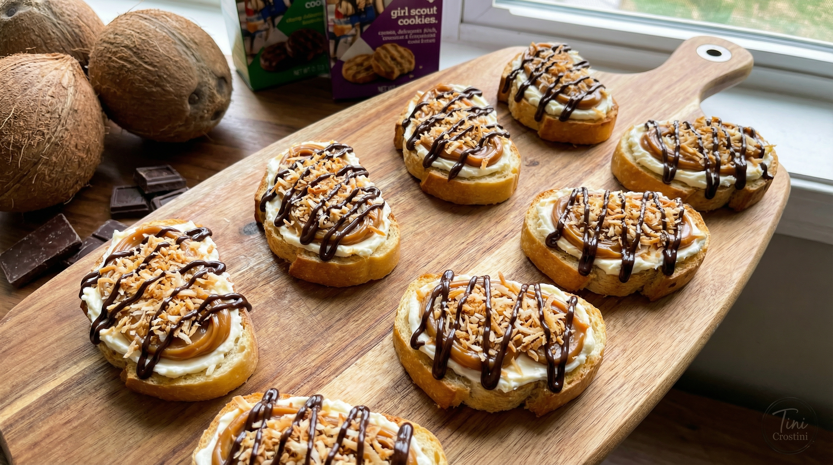 Samoa-Inspired Toasted Coconut Caramel Crostini