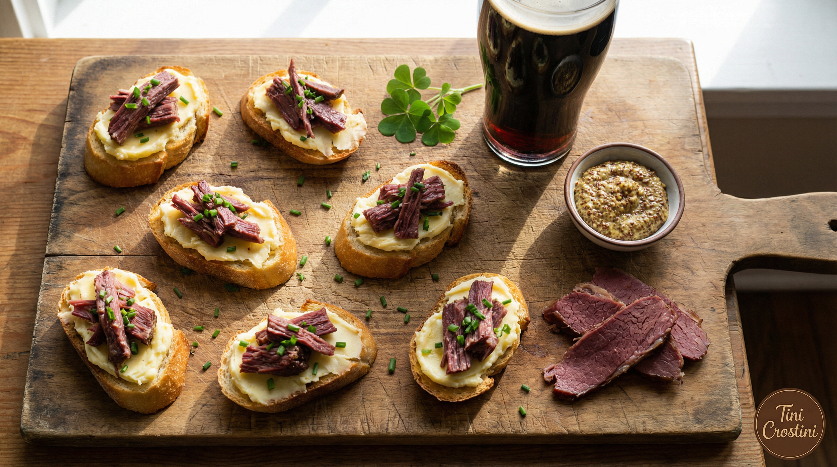Guinness-Braised Corned Beef and Irish Cheddar Crostini