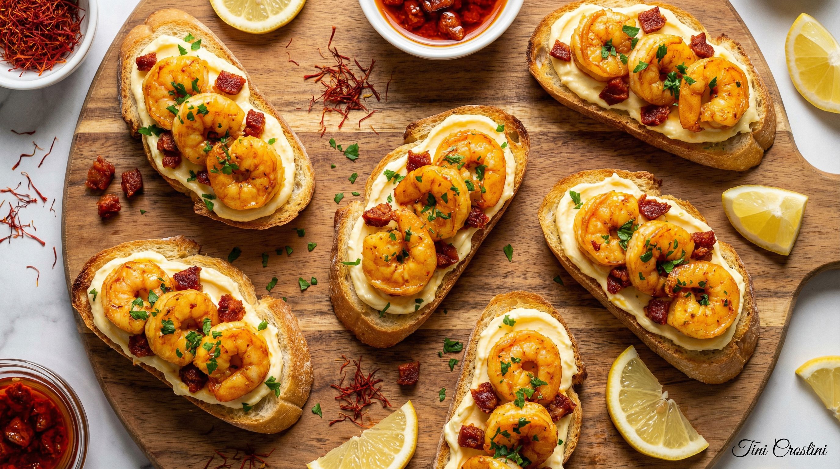 Saffron Shrimp and Chorizo Crostini