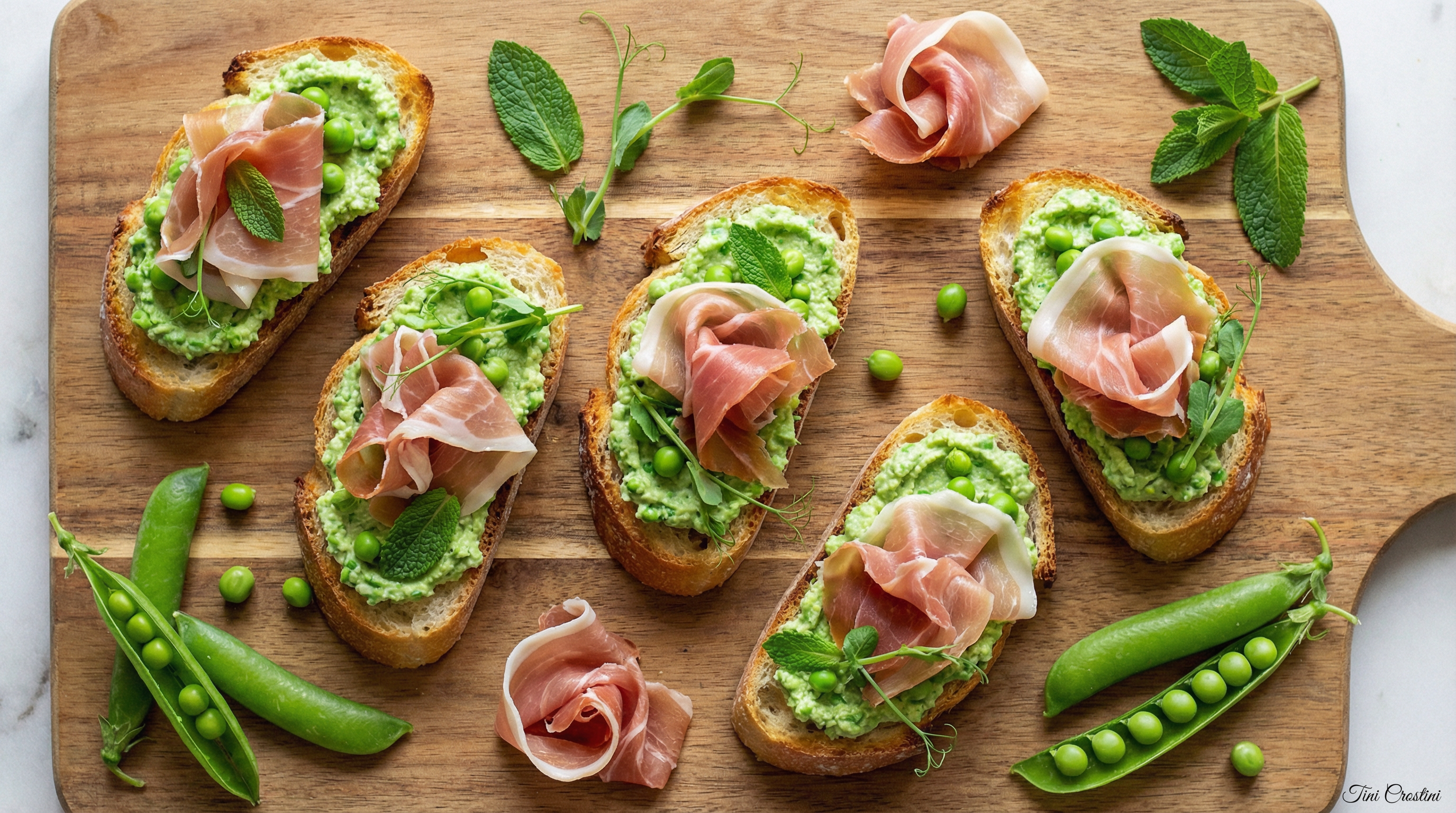 Spring Pea & Prosciutto Ricotta Crostini