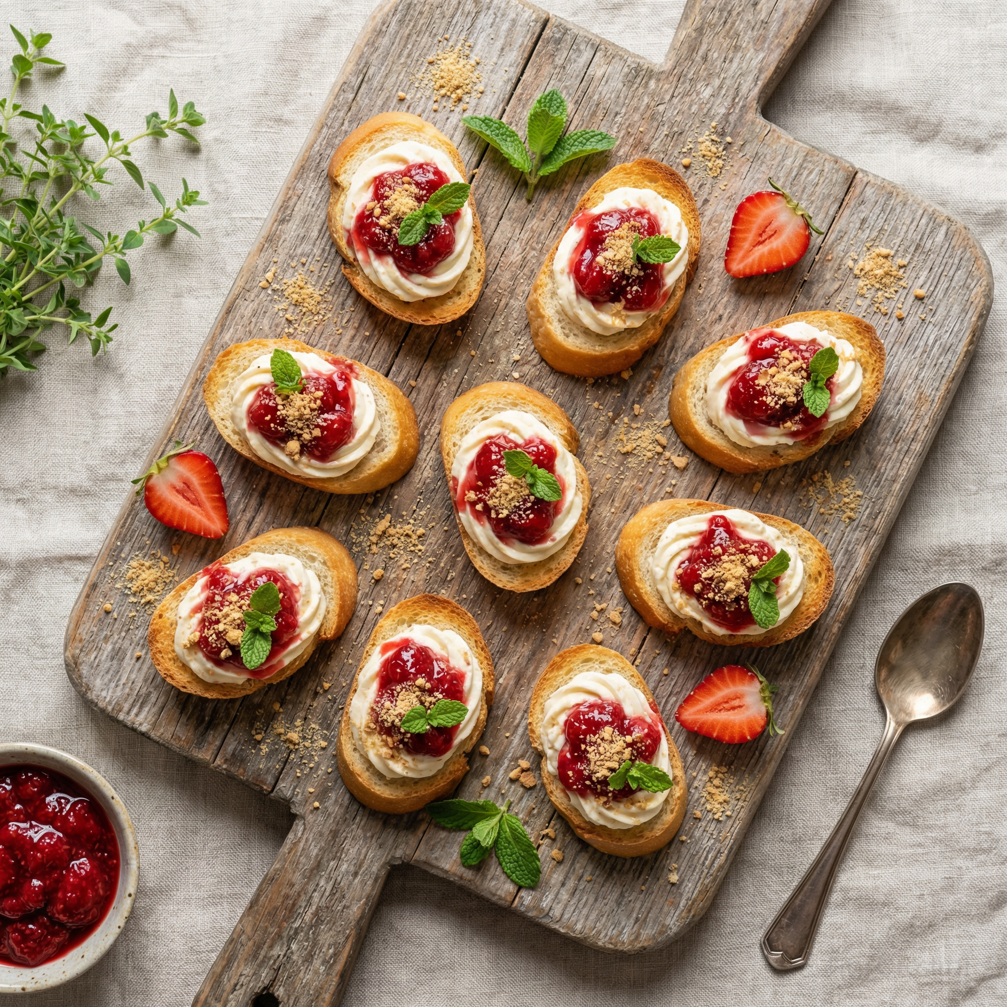 April Fools' Faux Strawberry Cheesecake Crostini
