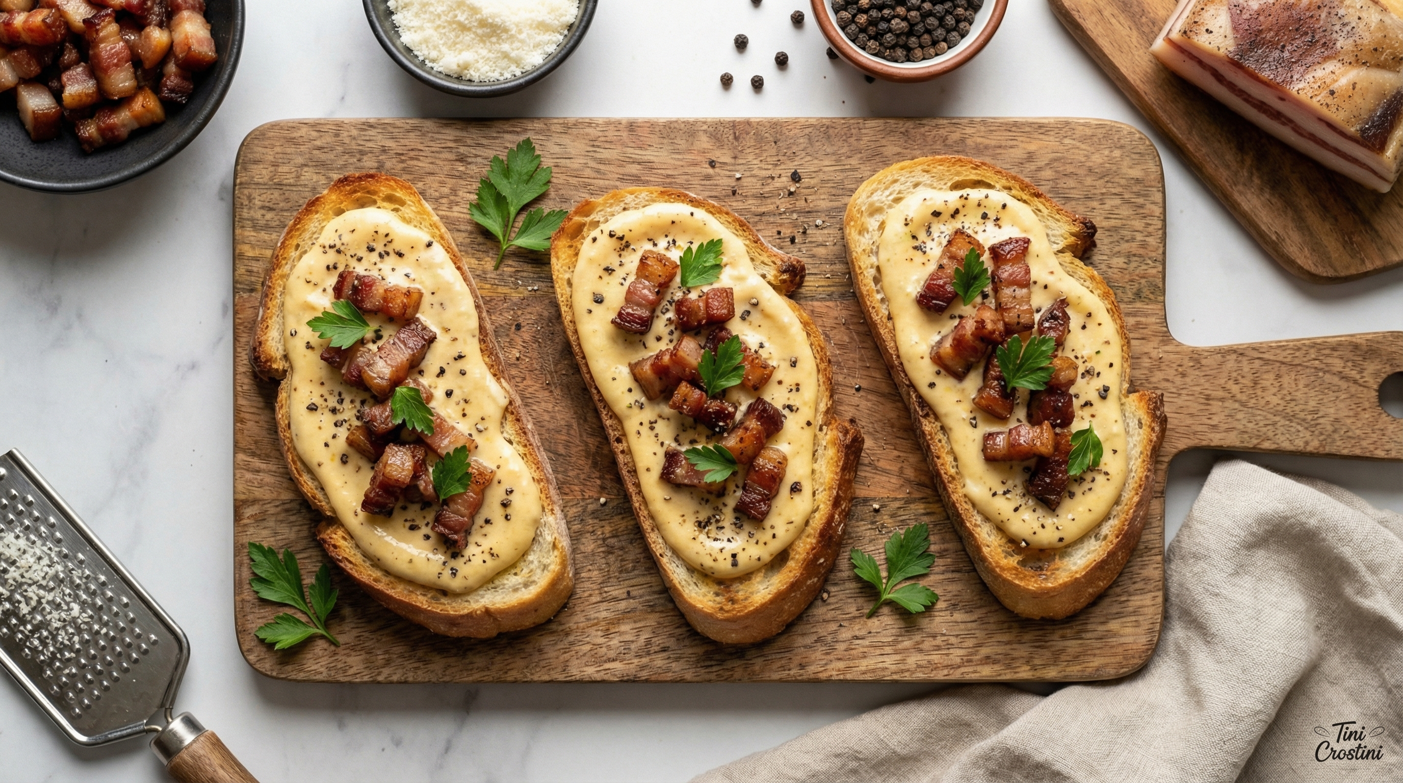 Roman Sunset Carbonara Crostini