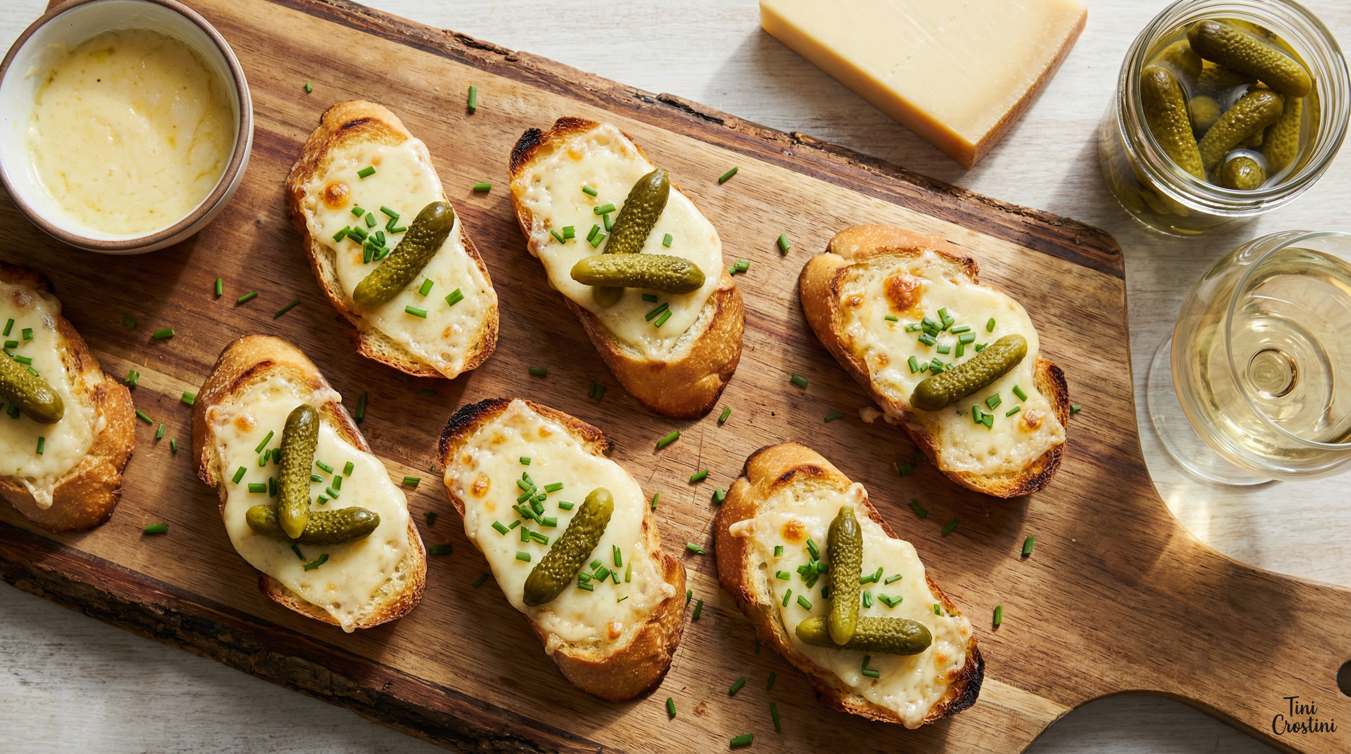 Gruyère Fondue-Style Crostini with Cornichons