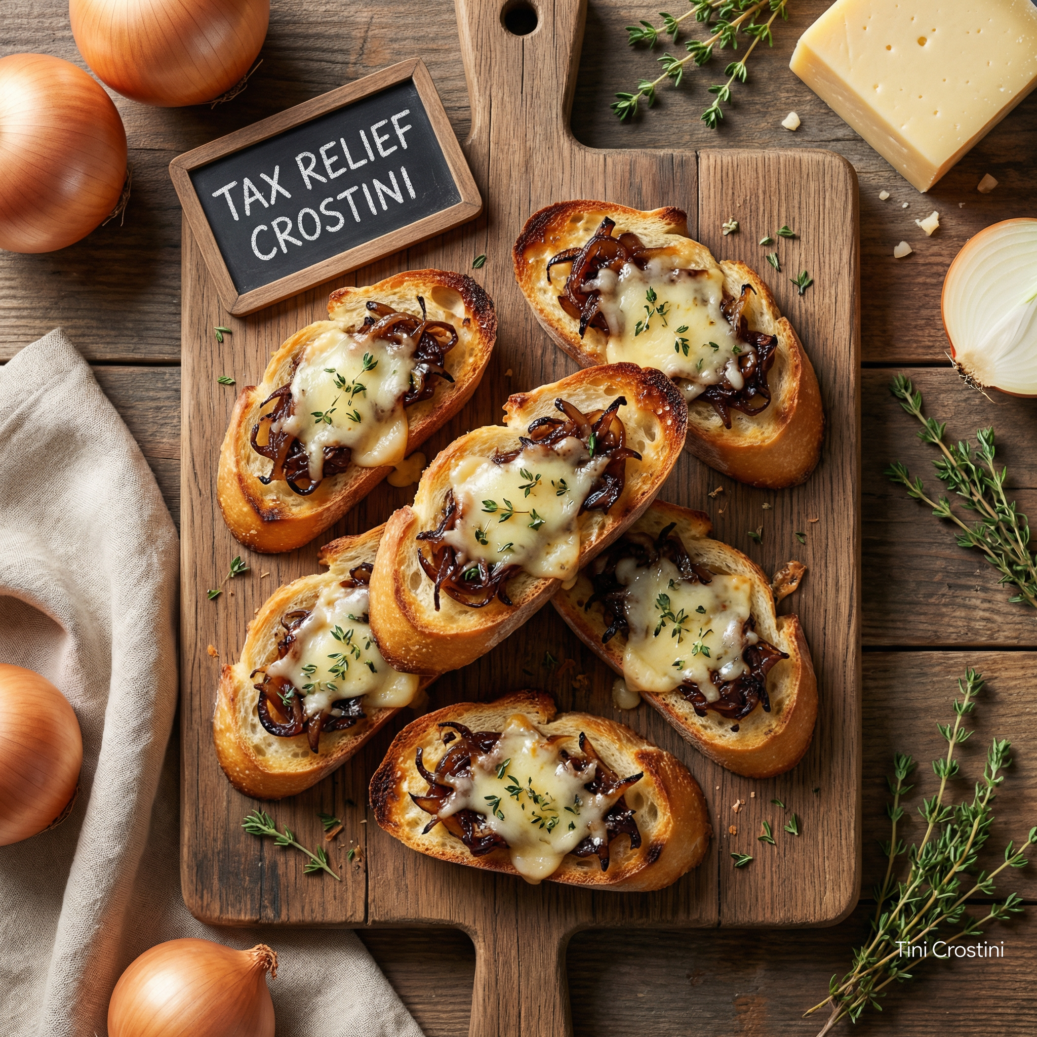 "Tax Relief" Caramelized Onion & Gruyère Crostini