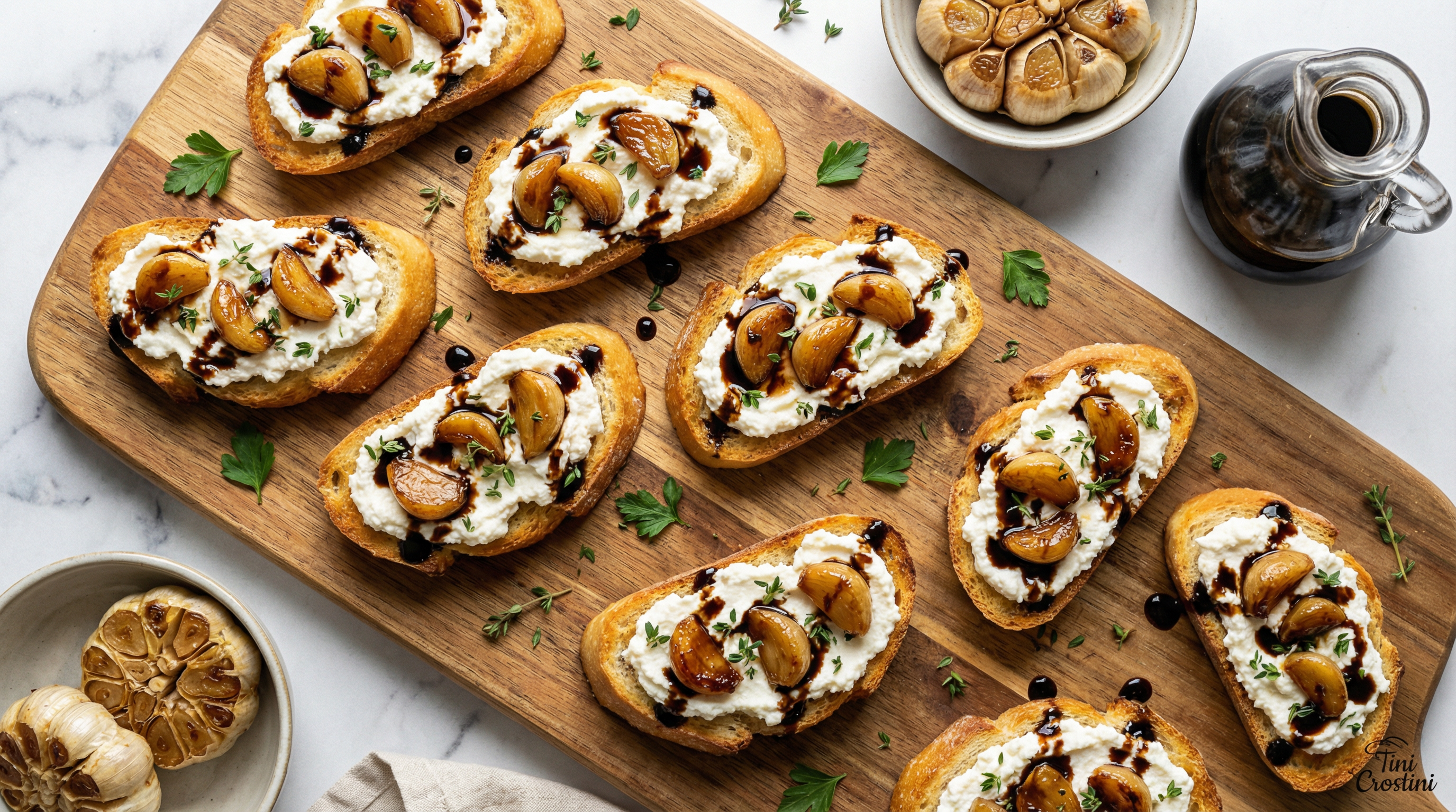 Sweet Roasted Garlic and Balsamic Ricotta Crostini