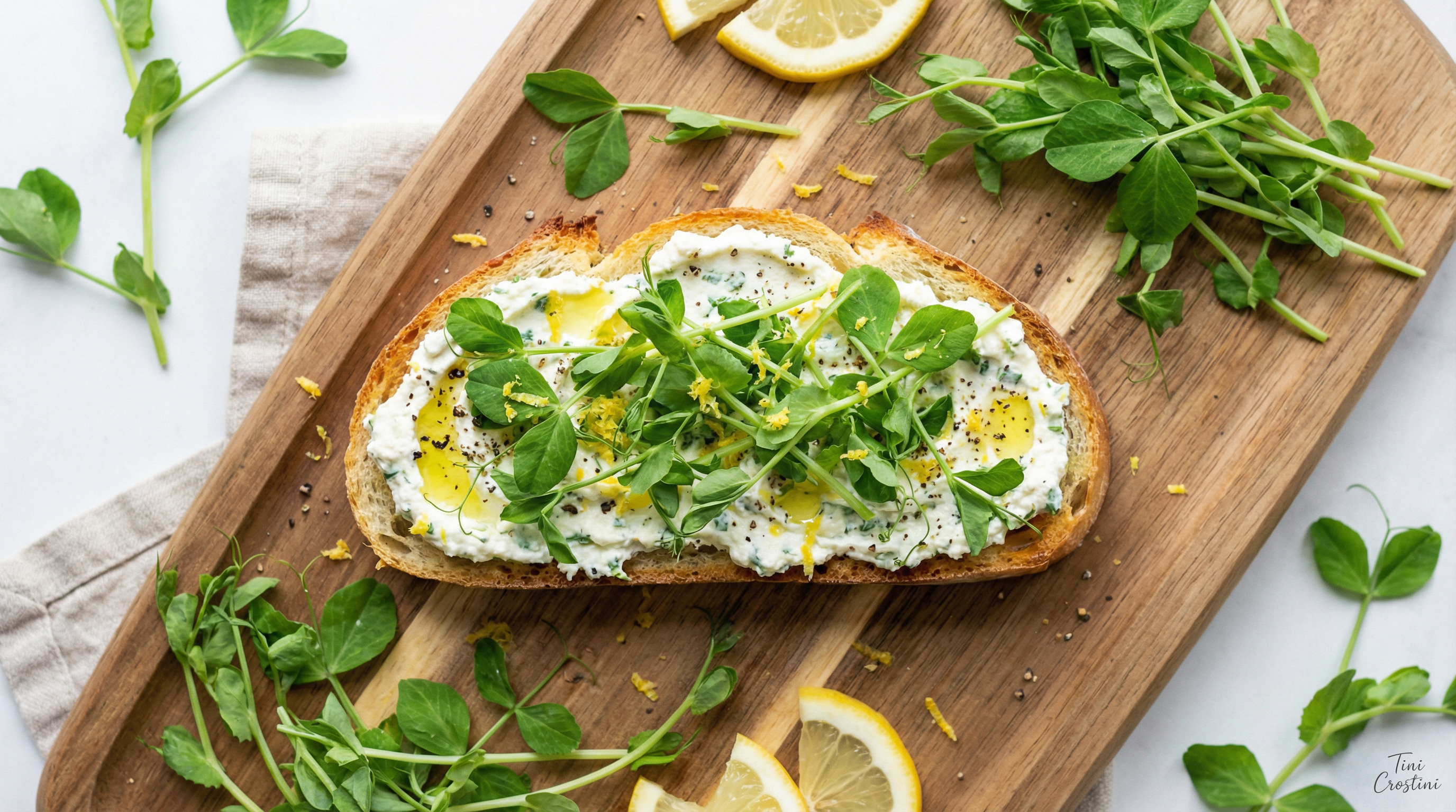 Earth's Bounty Pea Shoot and Ricotta Crostini