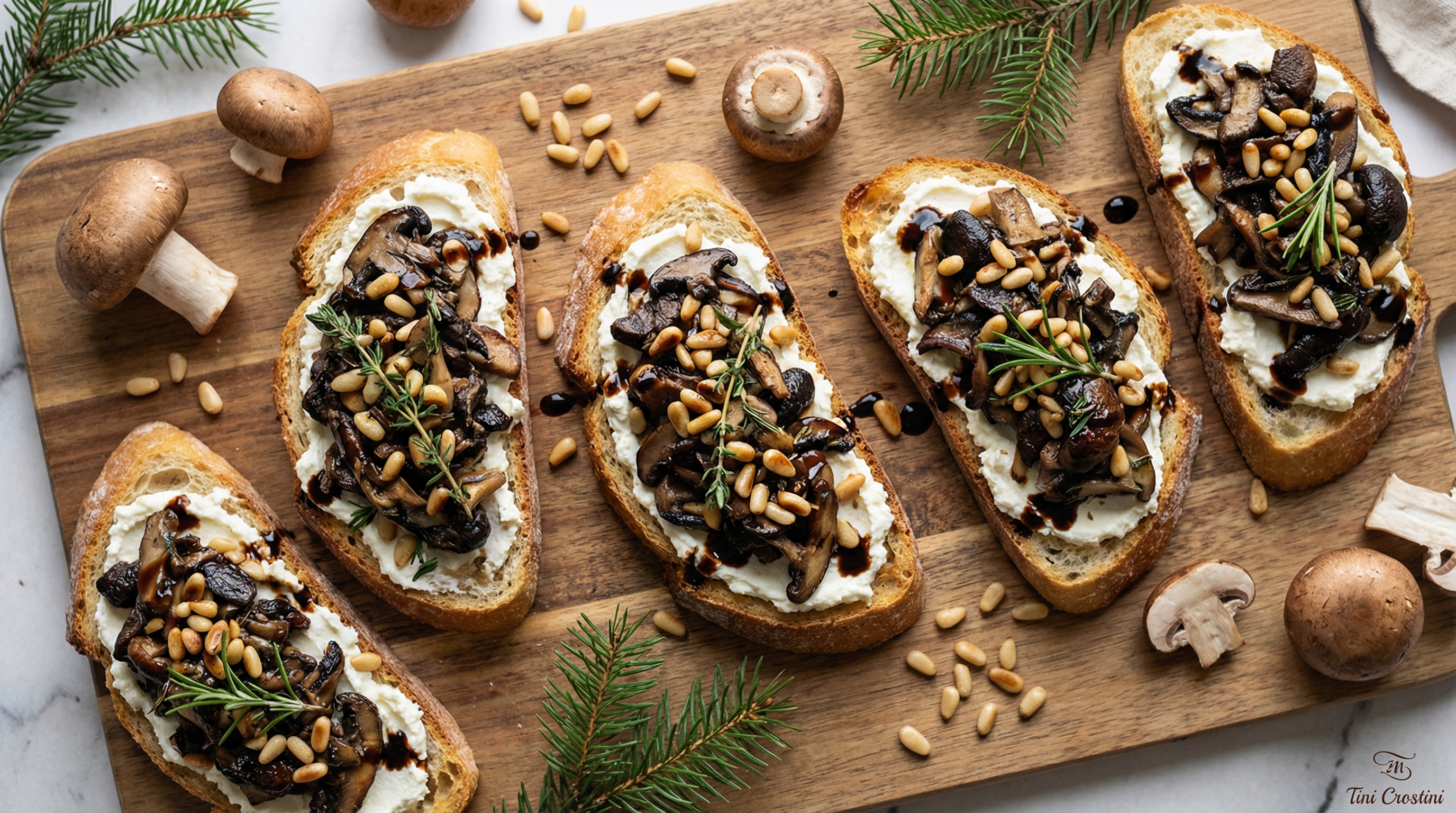 Earthy Forest Feta and Pine Nut Crostini