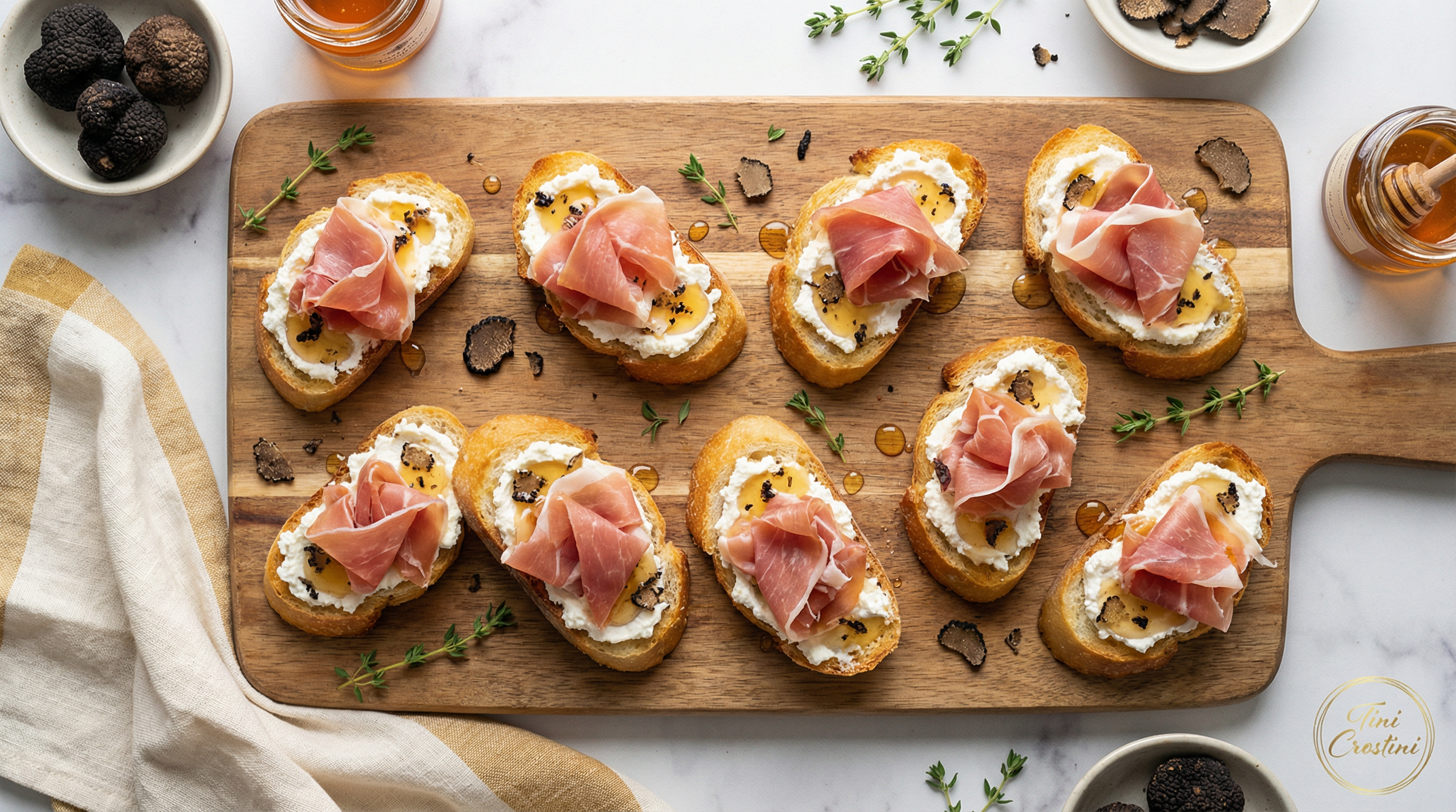 Truffle Honey Ricotta and Prosciutto Crostini