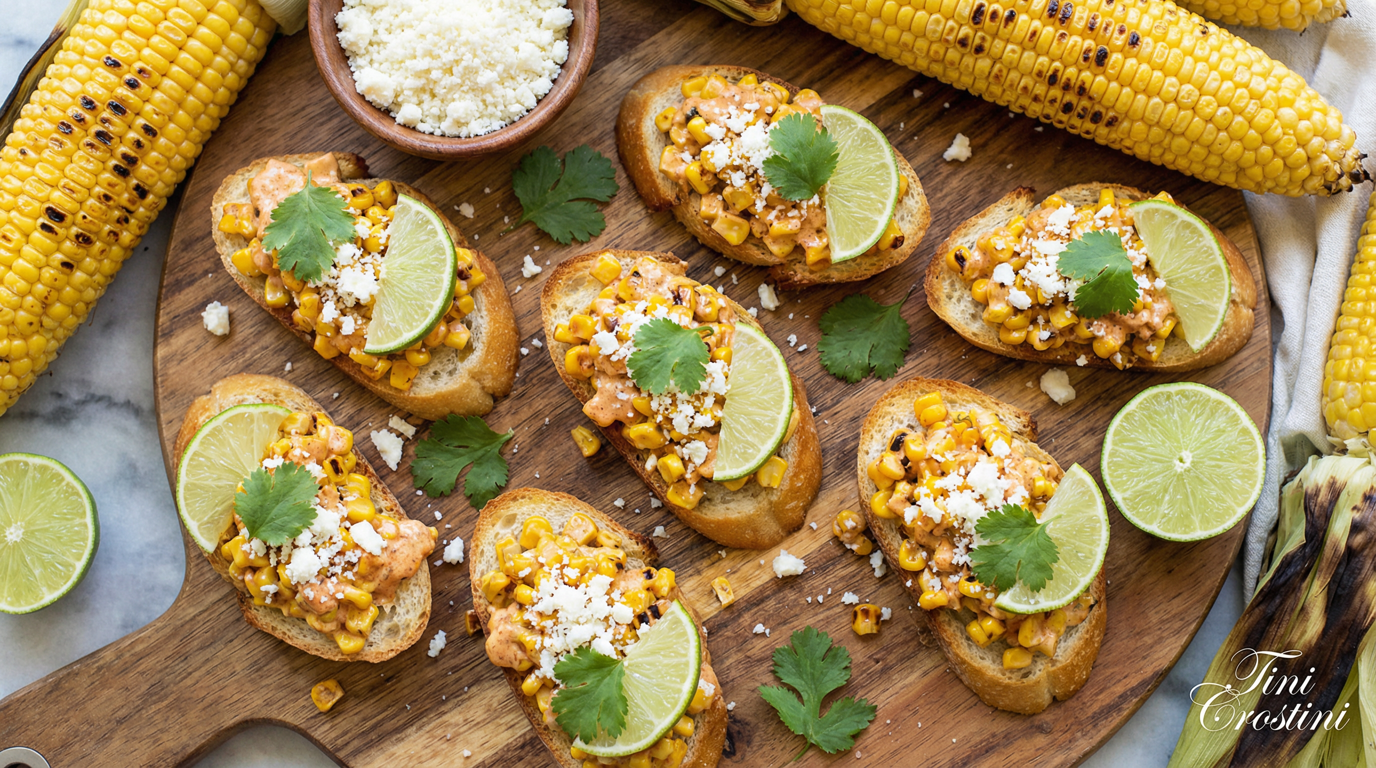 Spicy Elote and Cotija Crostini