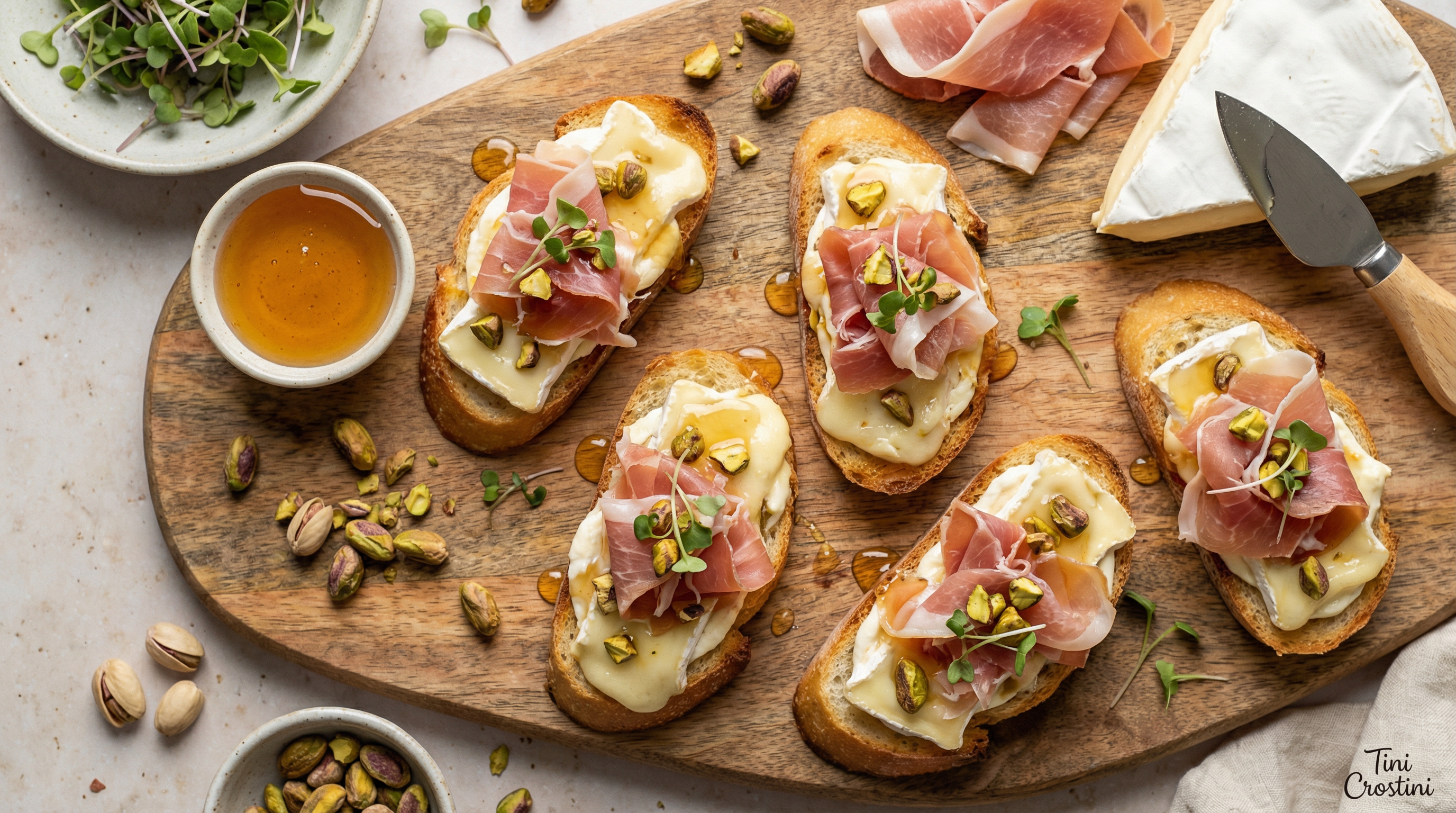 Indulgent Triple-Cream Prosciutto and Honey Crostini