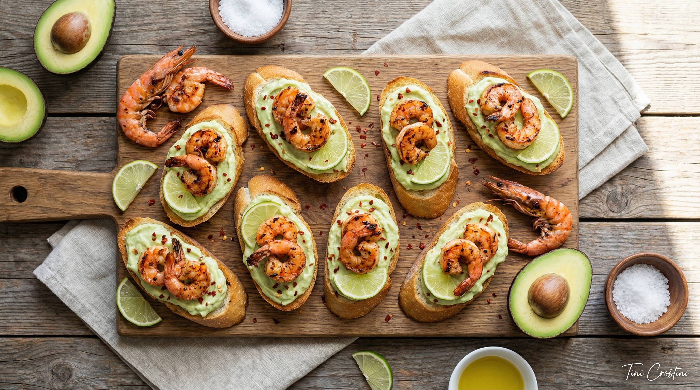 Spicy Grilled Shrimp and Avocado-Lime Crostini