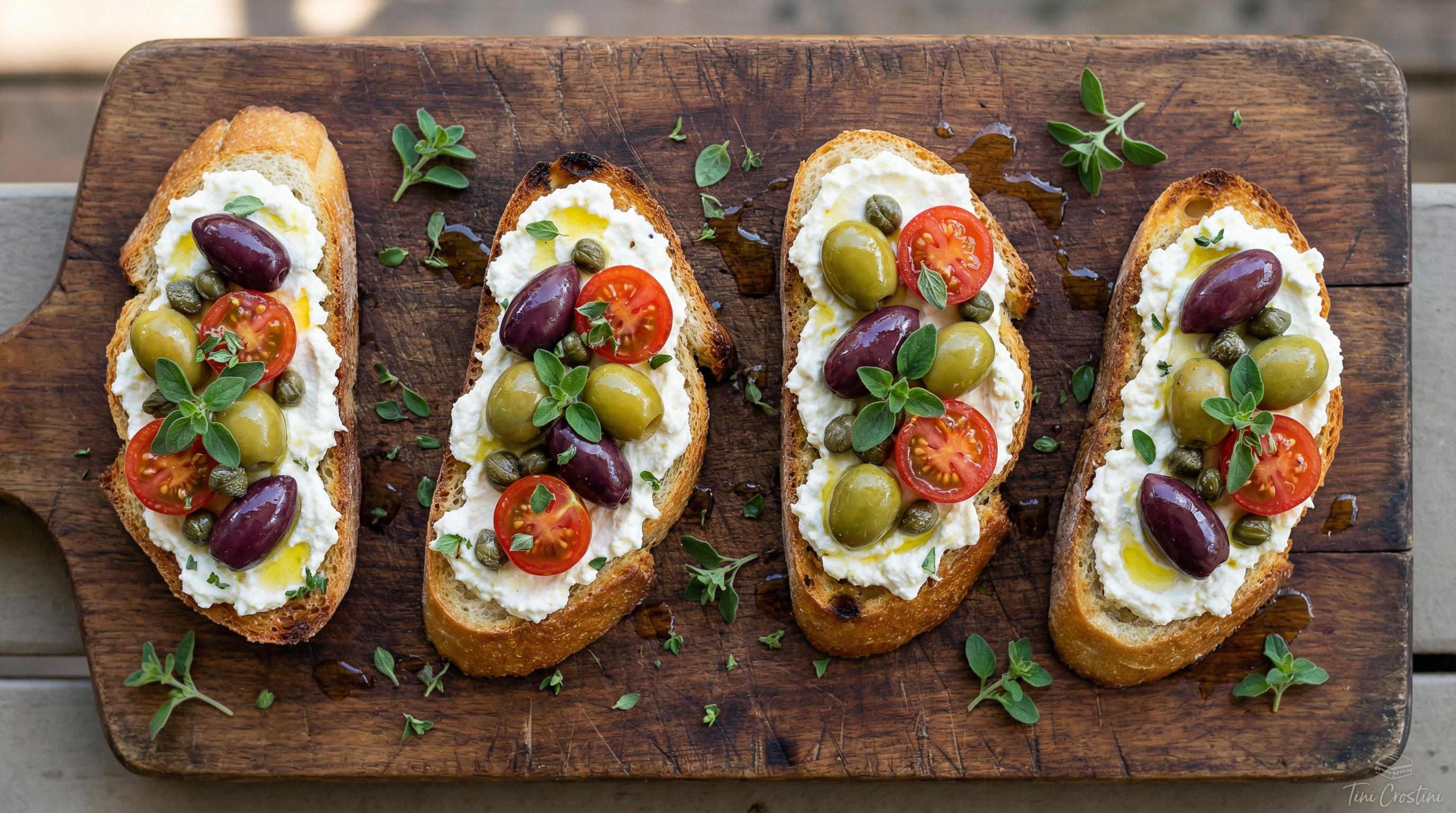 Briny Olive and Whipped Feta Crostini