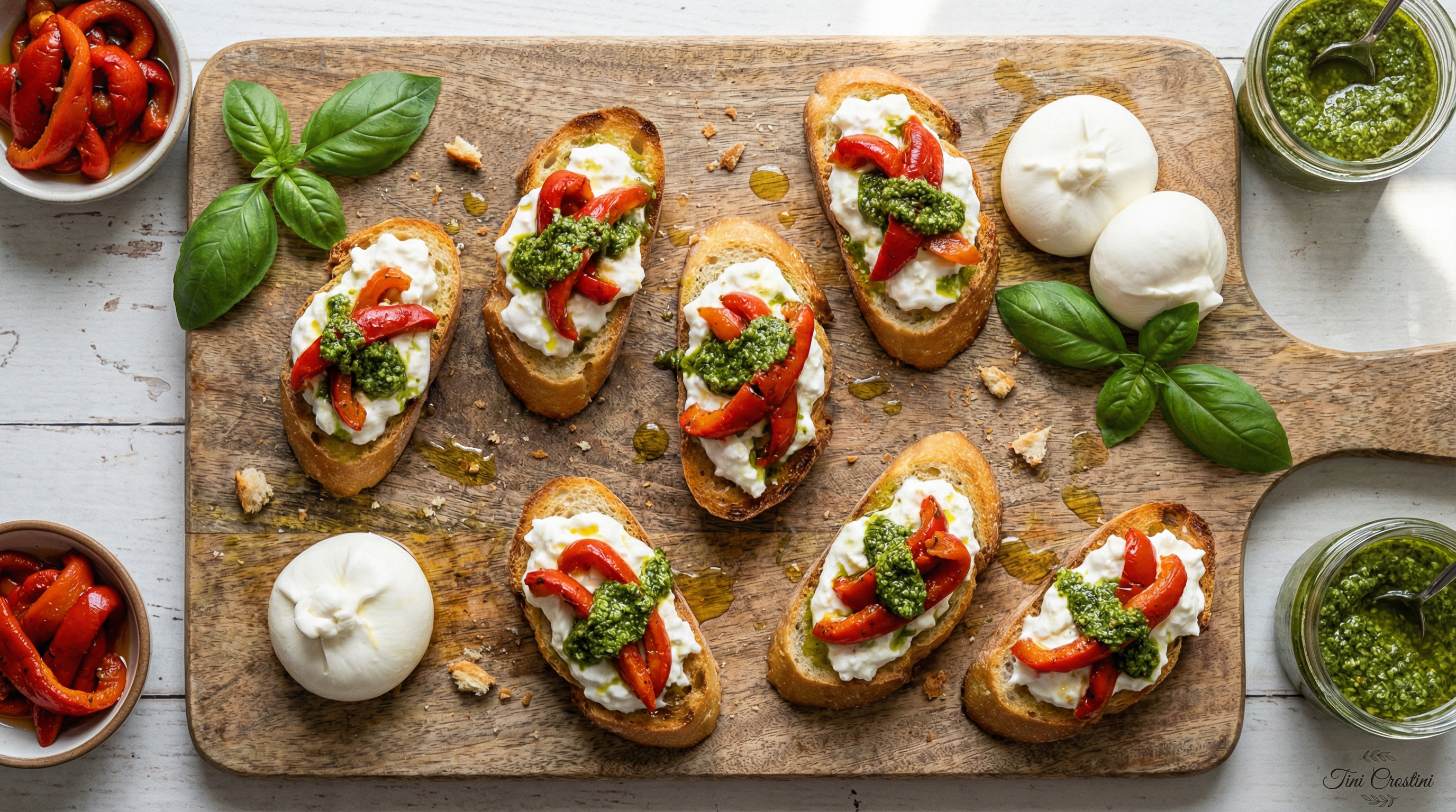 Tricolore Burrata & Pesto Crostini