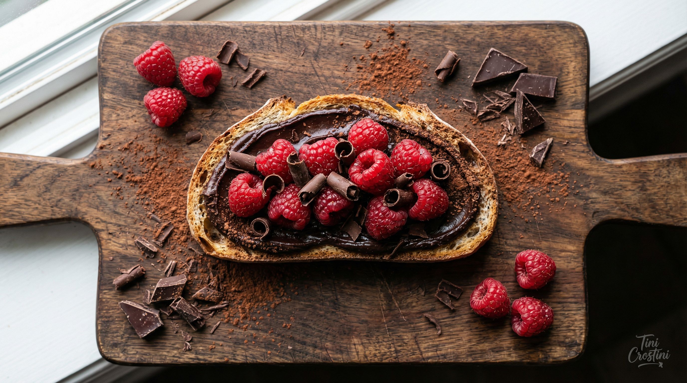 Dark Chocolate Fudge Raspberry Crostini