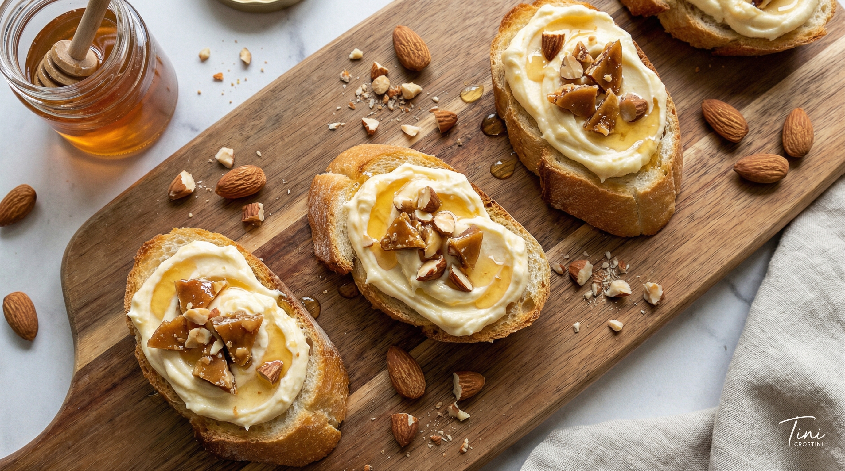Salted Honey Mascarpone and Almond Crunch Crostini