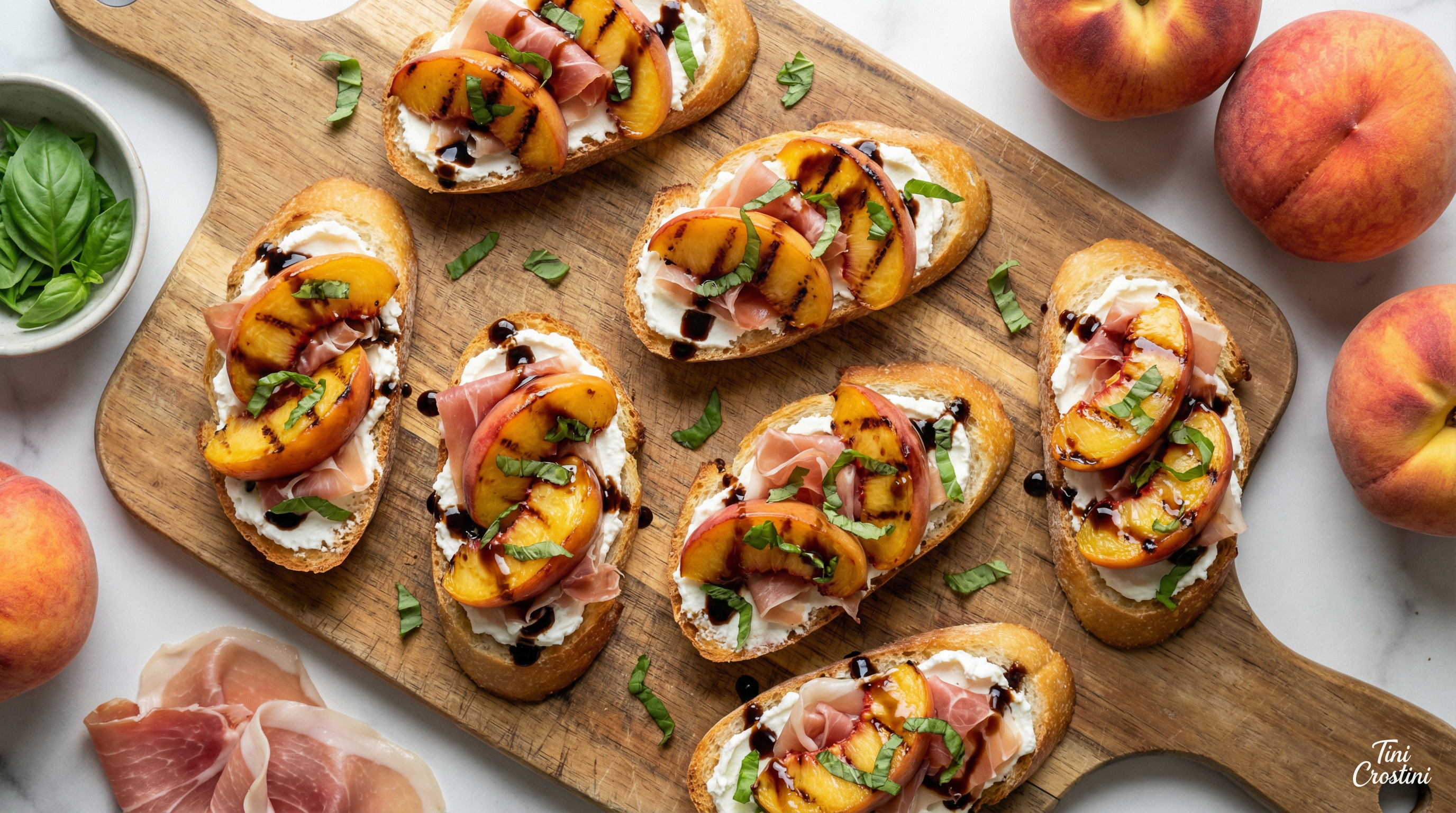 Grilled Peach Prosciutto and Basil Crostini