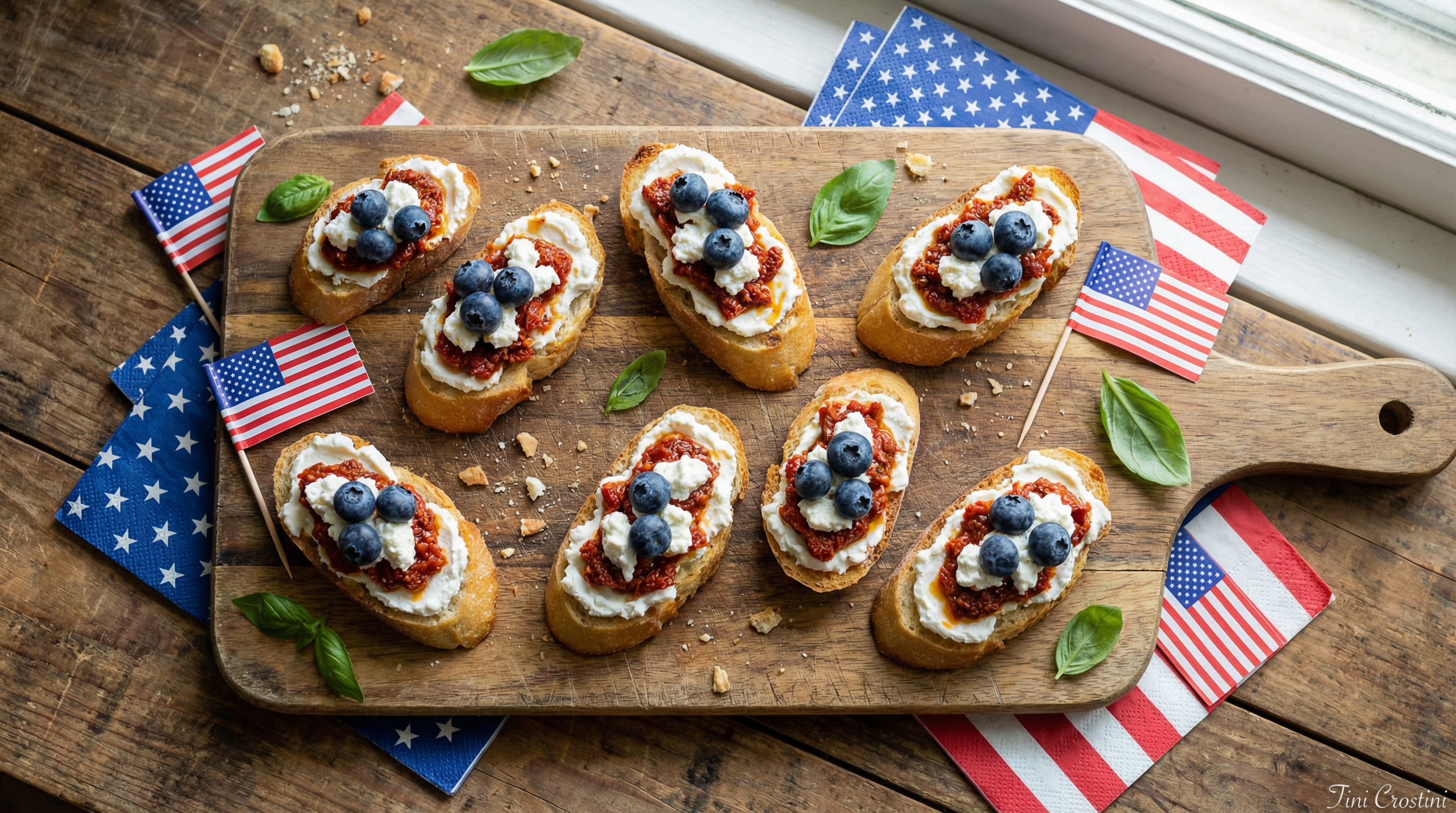 Patriotic Pesto and Goat Cheese Crostini