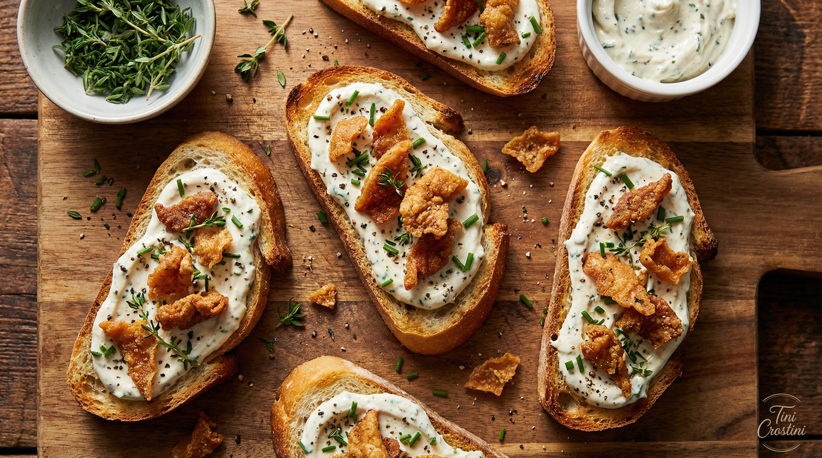 Crispy Chicken Skin & Buttermilk-Herb Crostini