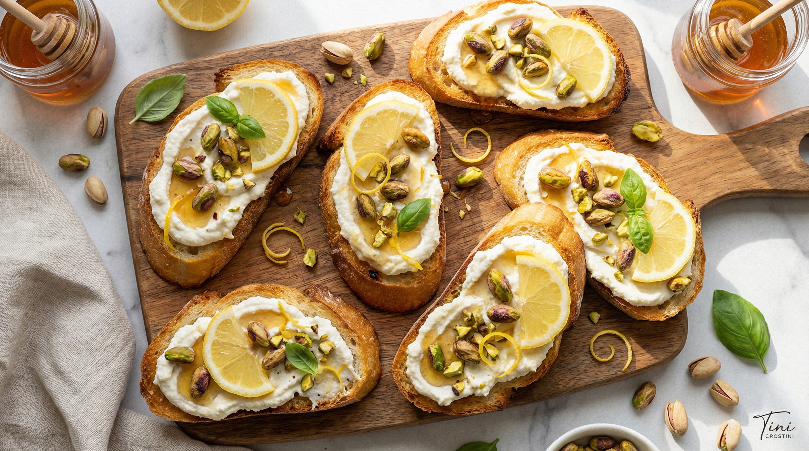 Whipped Lemon Ricotta and Pistachio Honey Crostini